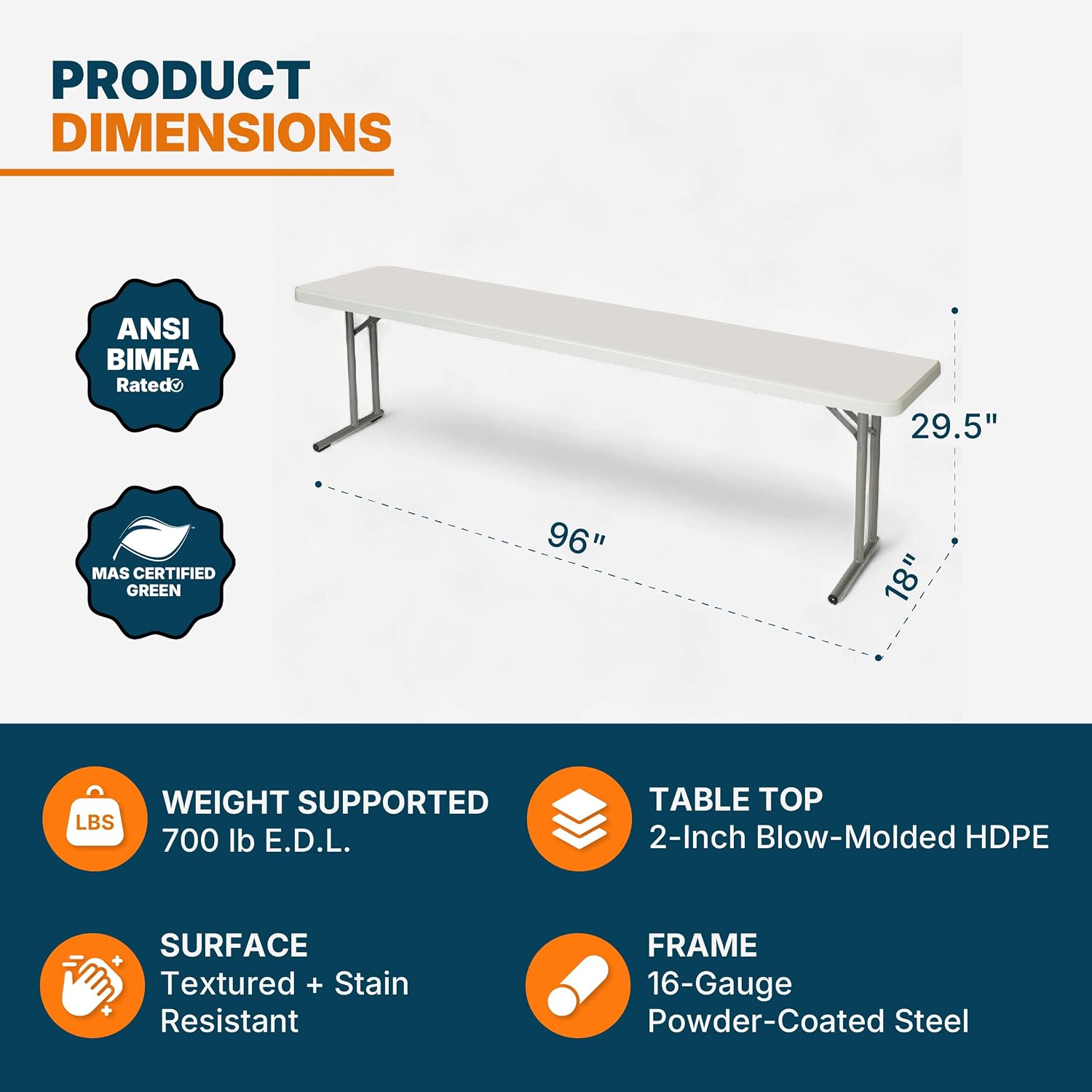 OEF Furnishings OEFBT-SEM1860 Commercial-Grade Premium Industrial Seminar Folding Table with Thick Blow-Molded Top and 16-Gauge Cantilever Steel