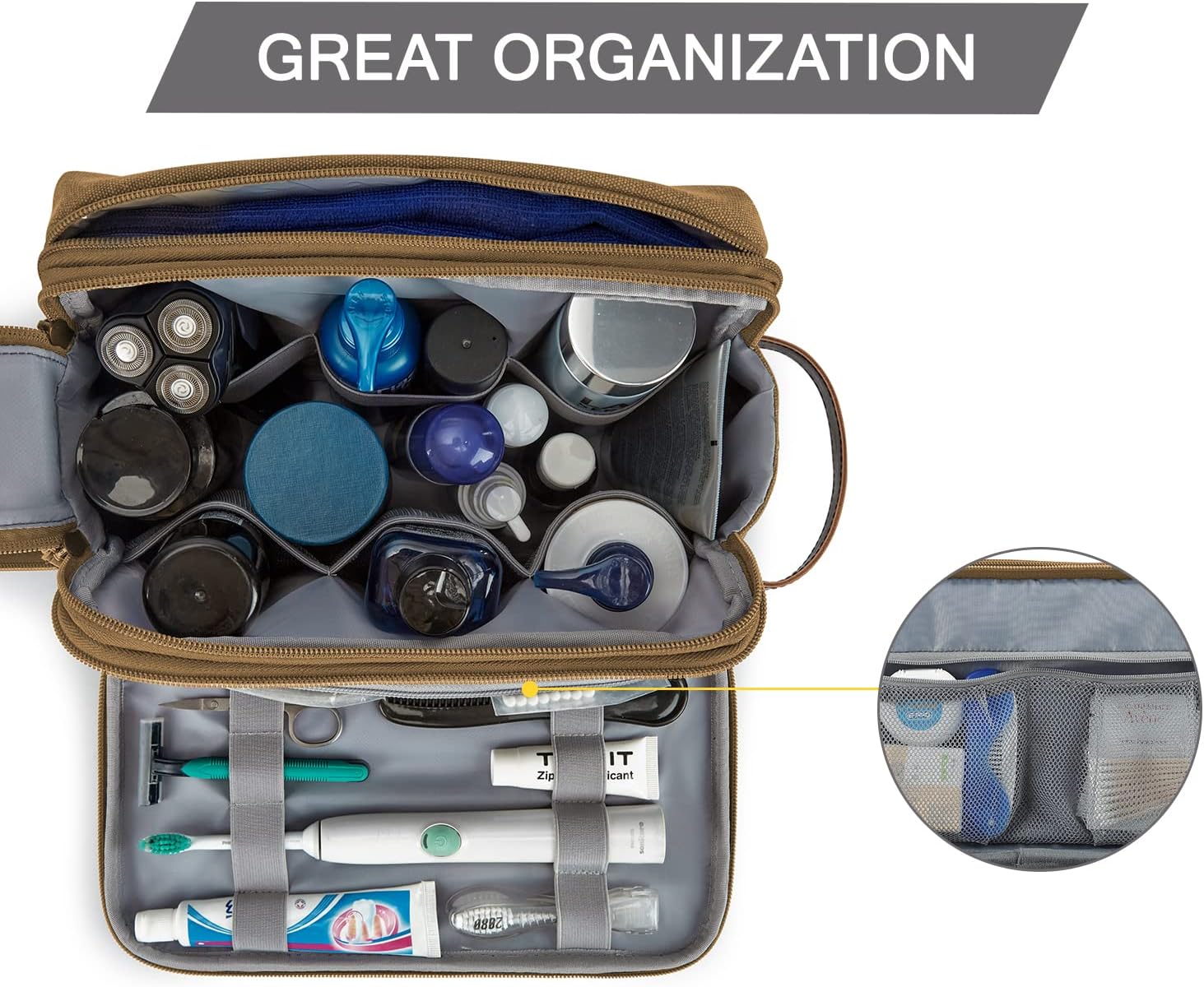 BAGSMART Toiletry Bag for Men, Canvas Travel Toiletry Organizer Dopp Kit Water-resistant Shaving Bag for Toiletries Accessories,Grey-Medium