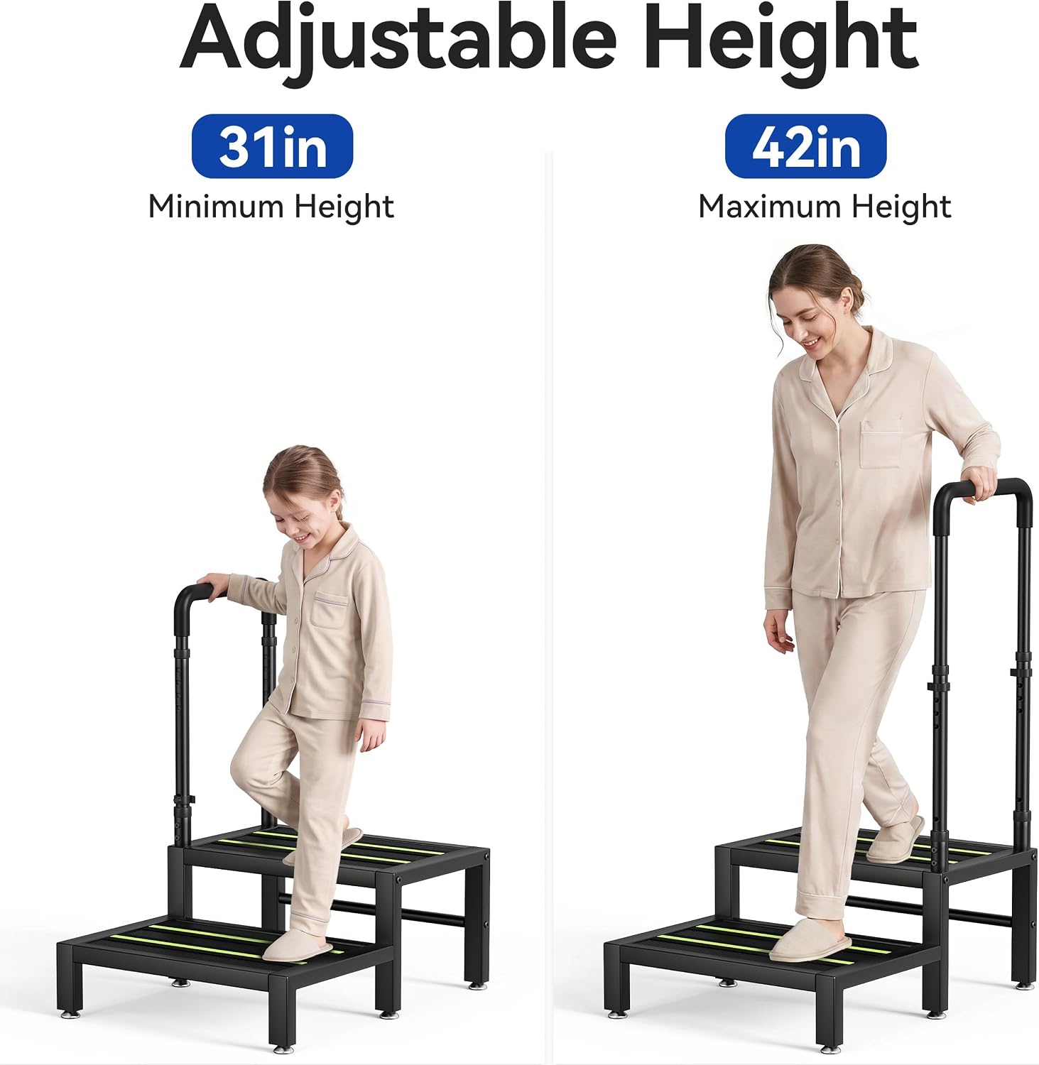 2 Step Stool with Handle, Heavy Duty Step Stool for Adults & Elderly with Non-Slip Platform, Bed Step Stool for High Beds and Home Use