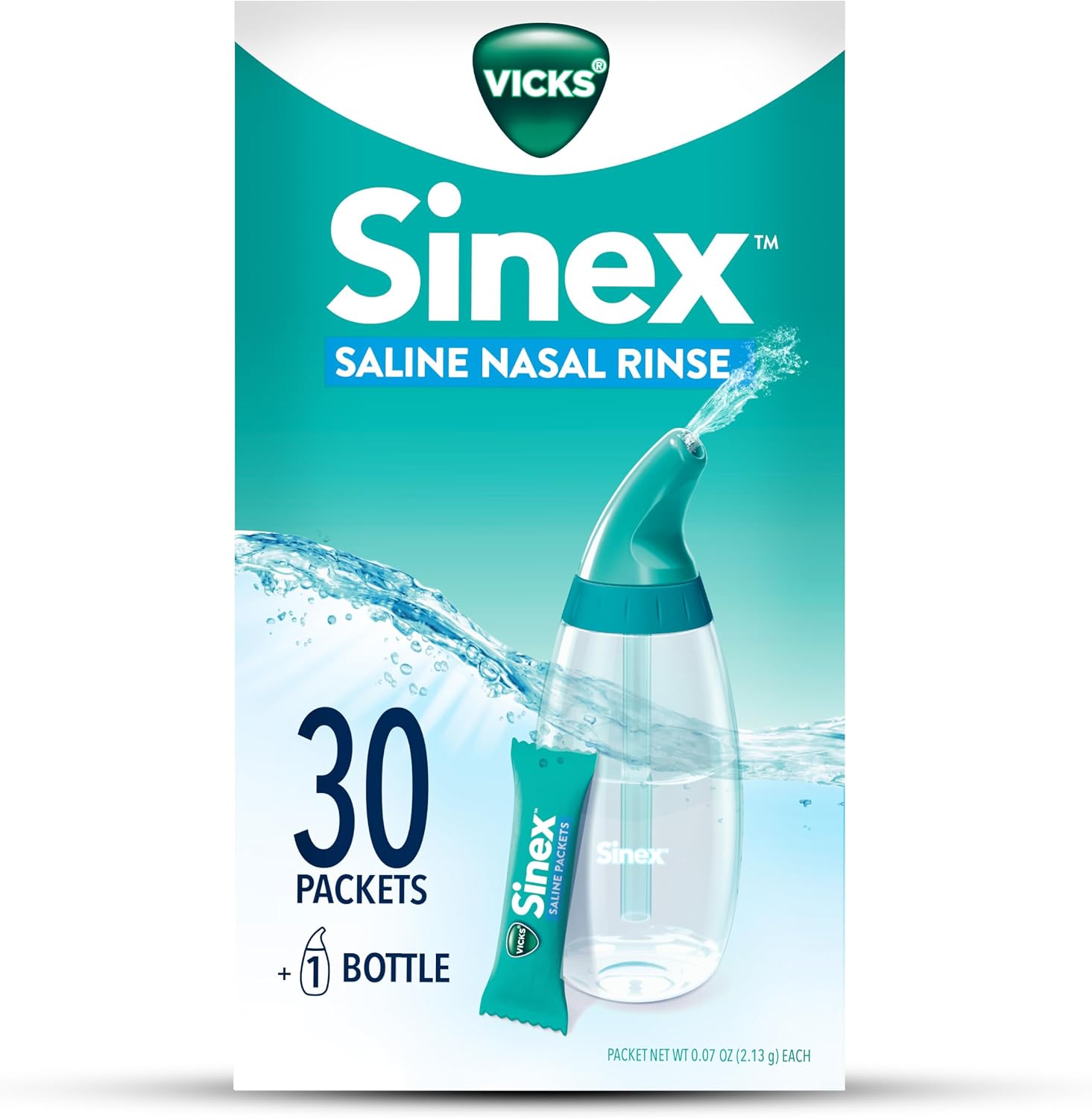 Vicks Sinex Saline Nasal Rinse Starter Kit, Drug Free Saline, Flush Out Mucus and Allergens
