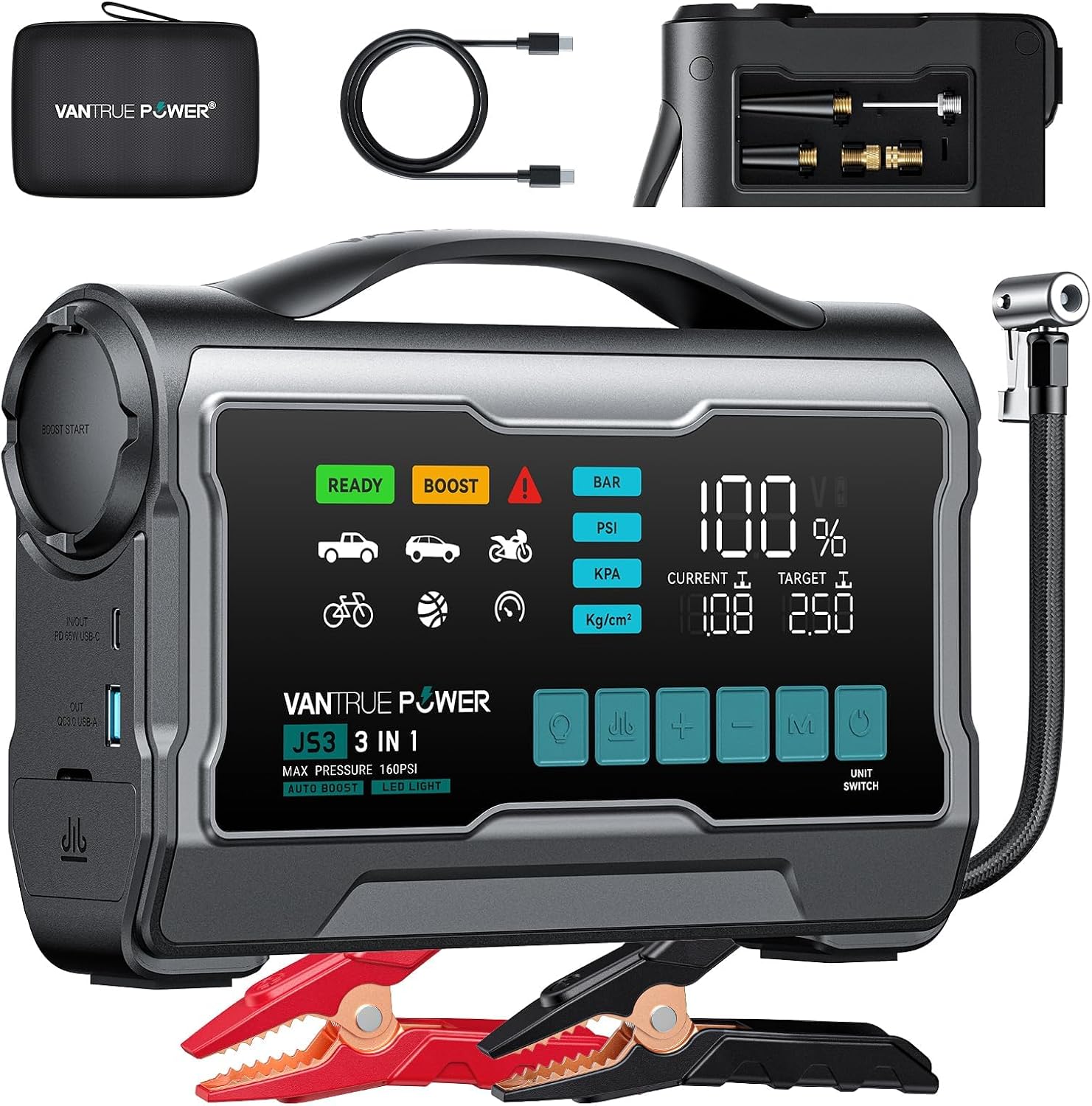 JS3 Real 3250A Jump Starter with Air Compressor 160PSI, 12V Car Battery Booster with Display, Jump Box with Light, Support 65W Fast Charging Power Bank, 10L Gas/8L Diesel Engines