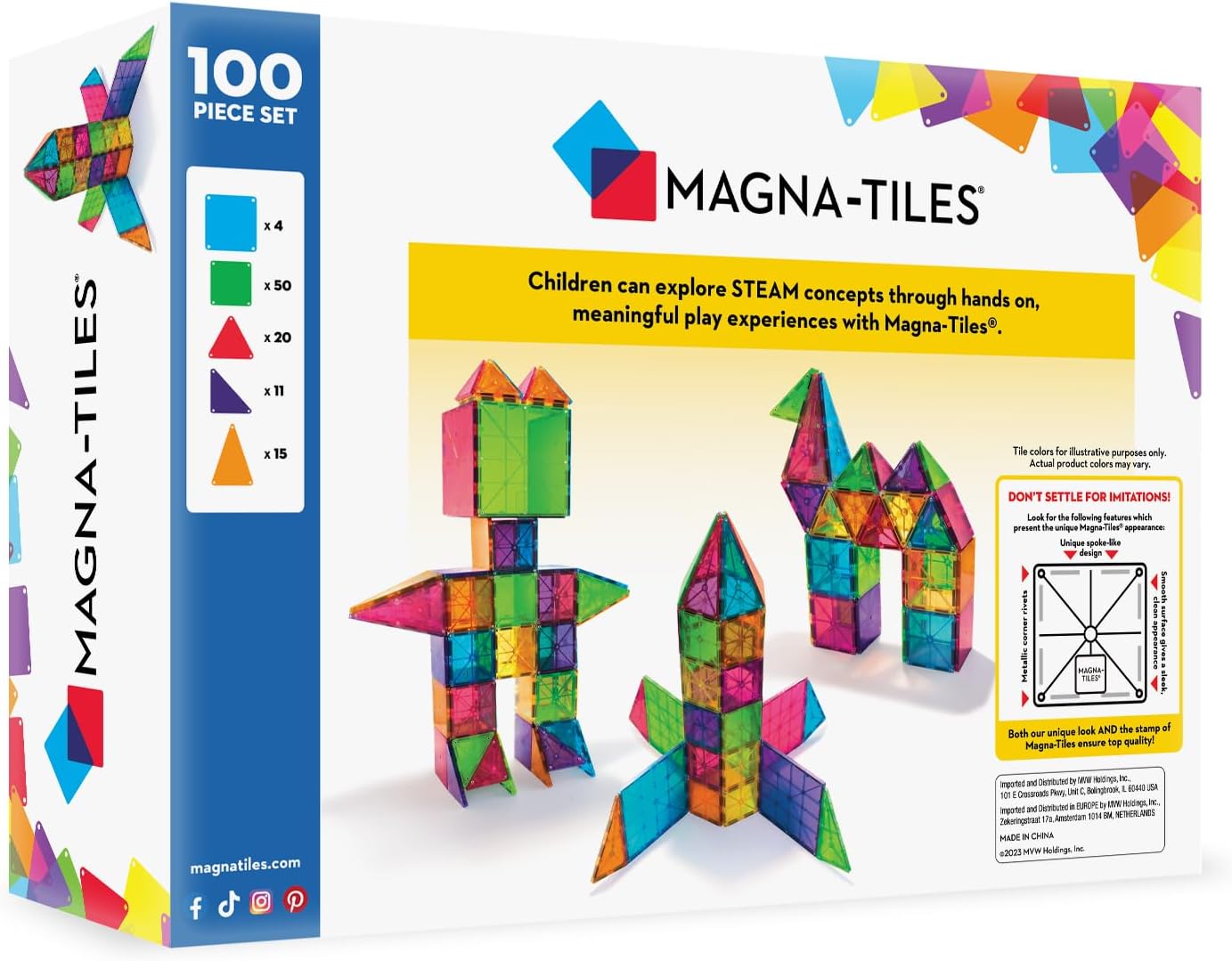 MAGNA-TILES Classic 100-Piece Magnetic Construction Set, The Original Magnetic Building Brand