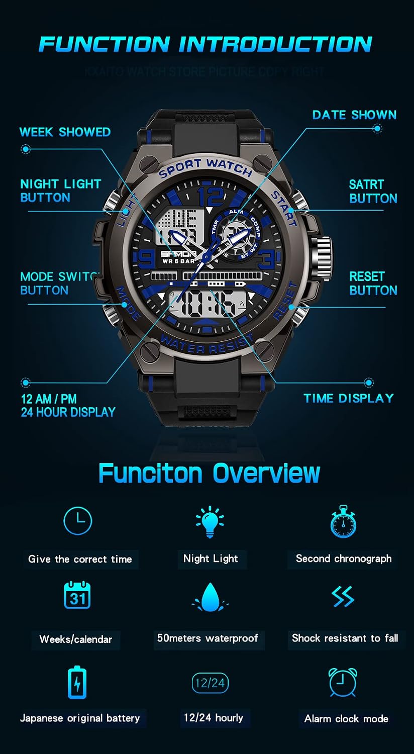 KXAITO Men's Watches Sports Outdoor Waterproof Military Watch Date Multi Function Tactics LED Alarm Stopwatch