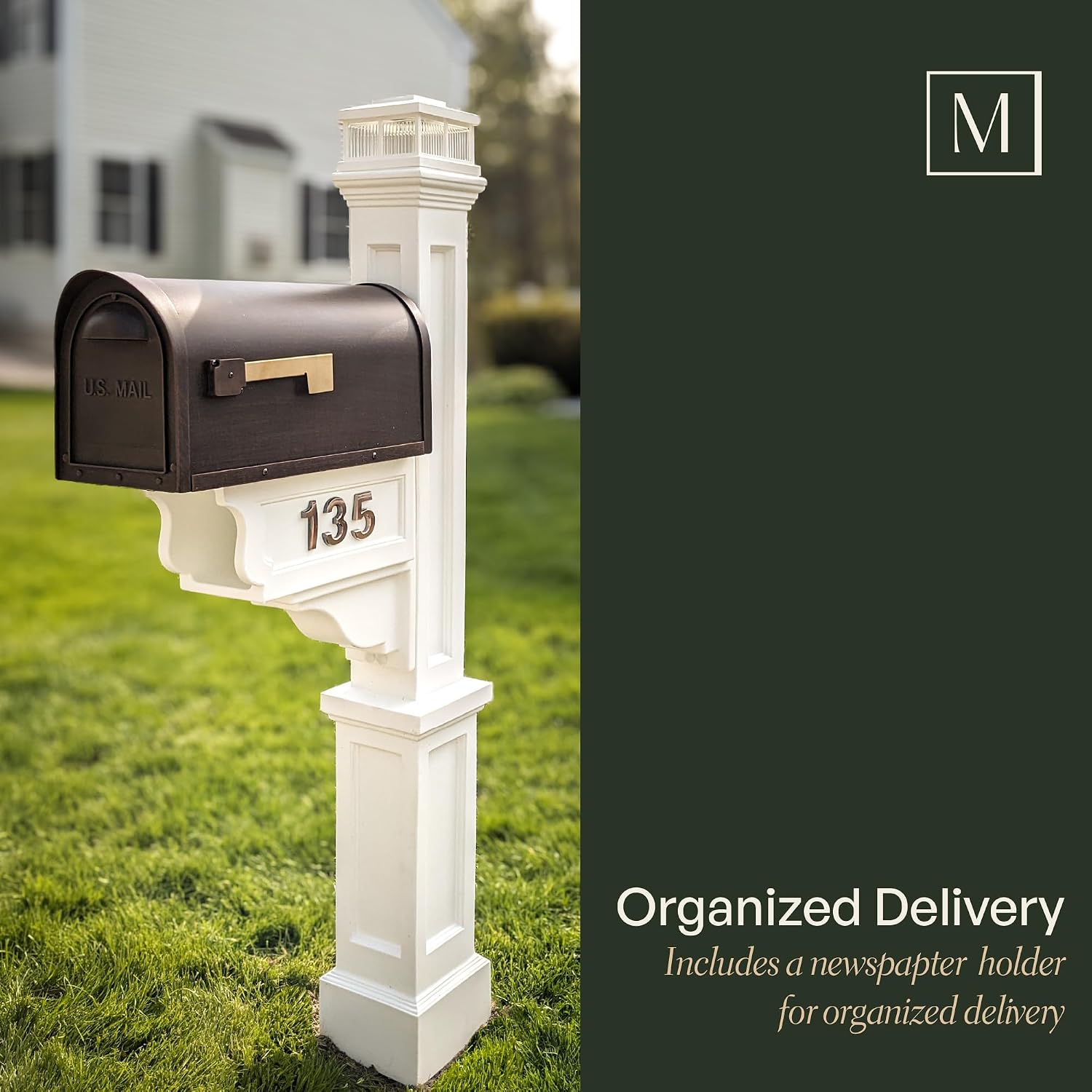 Mayne Dover Decorative Mailbox Post with Newspaper Holder, White | For post-mount mailboxes, Weather & fade resistant, All season, 15-year warranty