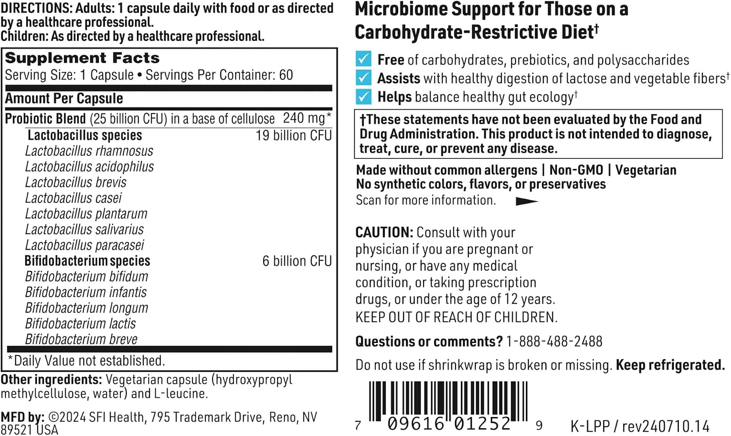 Klaire Labs SFI Health Ther-Biotic LactoPrime Plus, 60 Capsules | Lactobacillus and Bifidobacterium Probiotics for Digestive Health