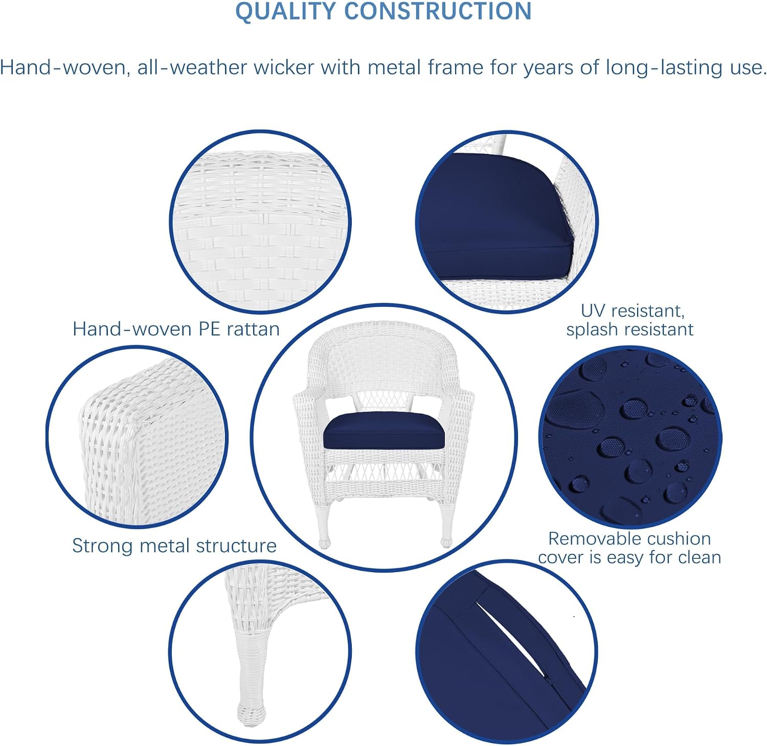Jeco Wicker Chair with Blue Cushion, Set of 2, White/W00206-