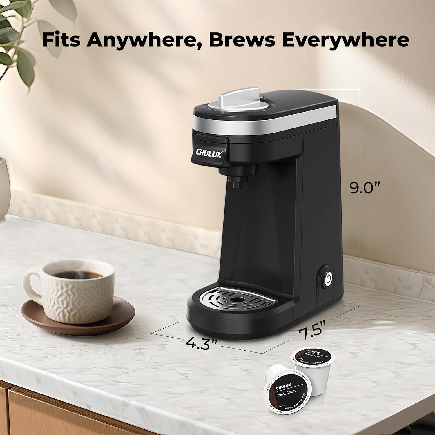 CHULUX Mini Single Serve Coffee Maker for K Pod, Brew Up to 12oz Cup, Black | Fast-Heating Boiler System, Single Cup Brewing, Portable Compact Design, Four-Hole Multi-Stream Needle, Adjustable Drip Tray