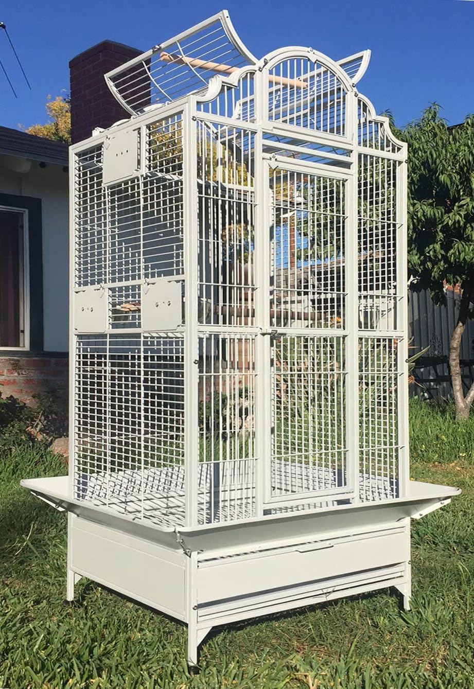 Large Elegance and Durable Wrought Iron Open Play Top Stand Bird Parrot Rolling Cage, Include Metal Seed Guard Solid Metal Feeder Nest Door (White Vein, 24.0" L x 22.0" W x 63.0" H)