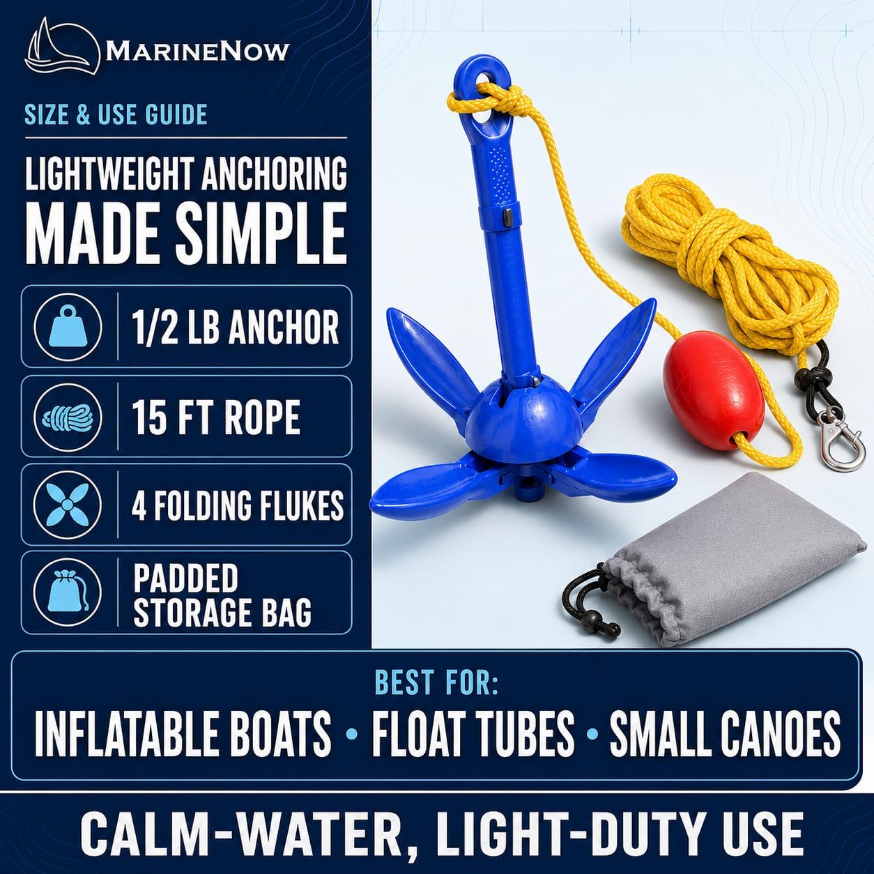 1/2 lb Aluminum Folding Grapnel Anchor Kit with 15 ft Marine-Grade Rope, Float, Snap Hook & Padded Bag for Inflatable Boats, Canoes, & Float Tubes