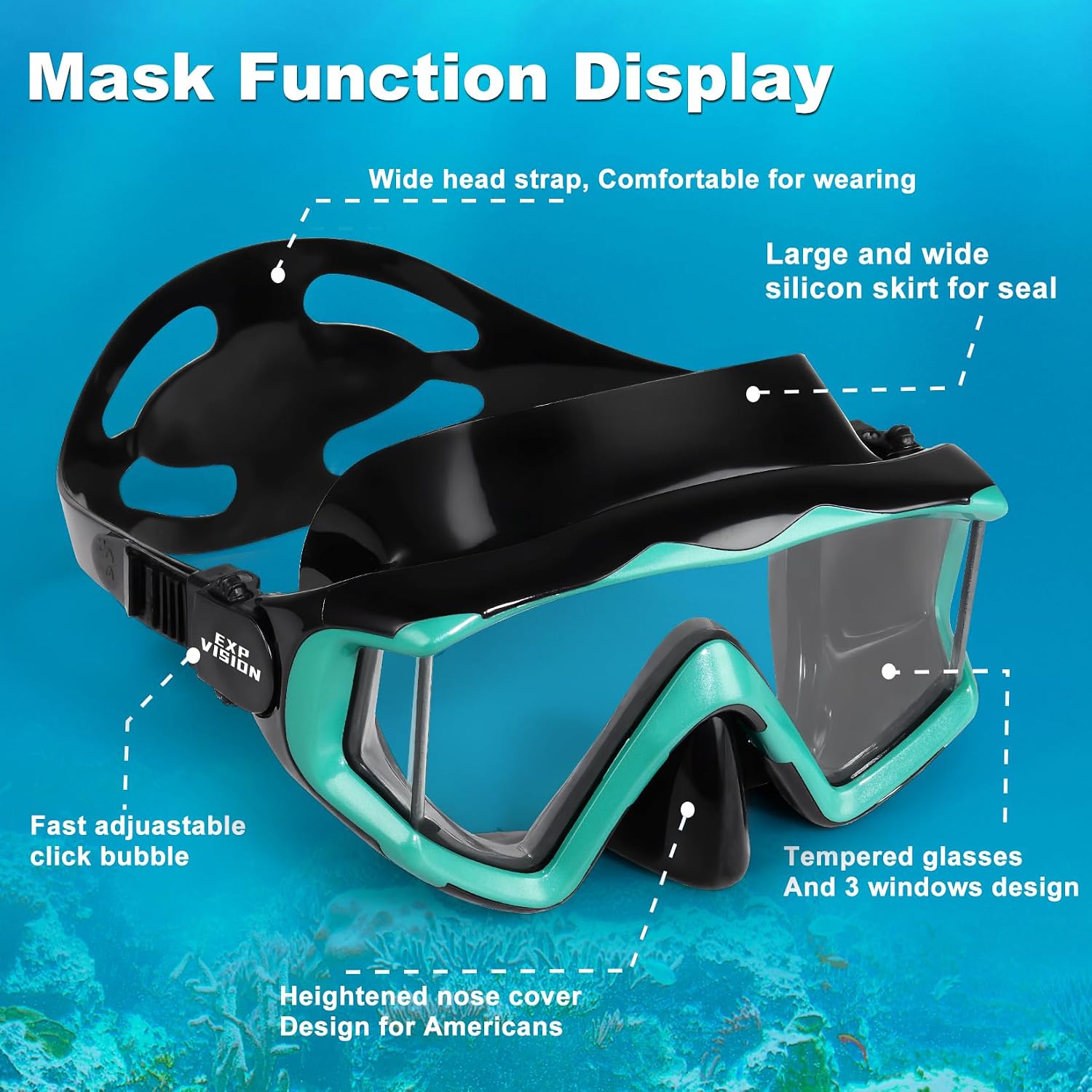 Adult Pano 3 Scuba Diving Mask, Tempered Glass Snorkel Mask Anti-Fog Swim Mask No Leakage Swim Goggles with Nose Cover Snorkeling Gear for Snorkeling
