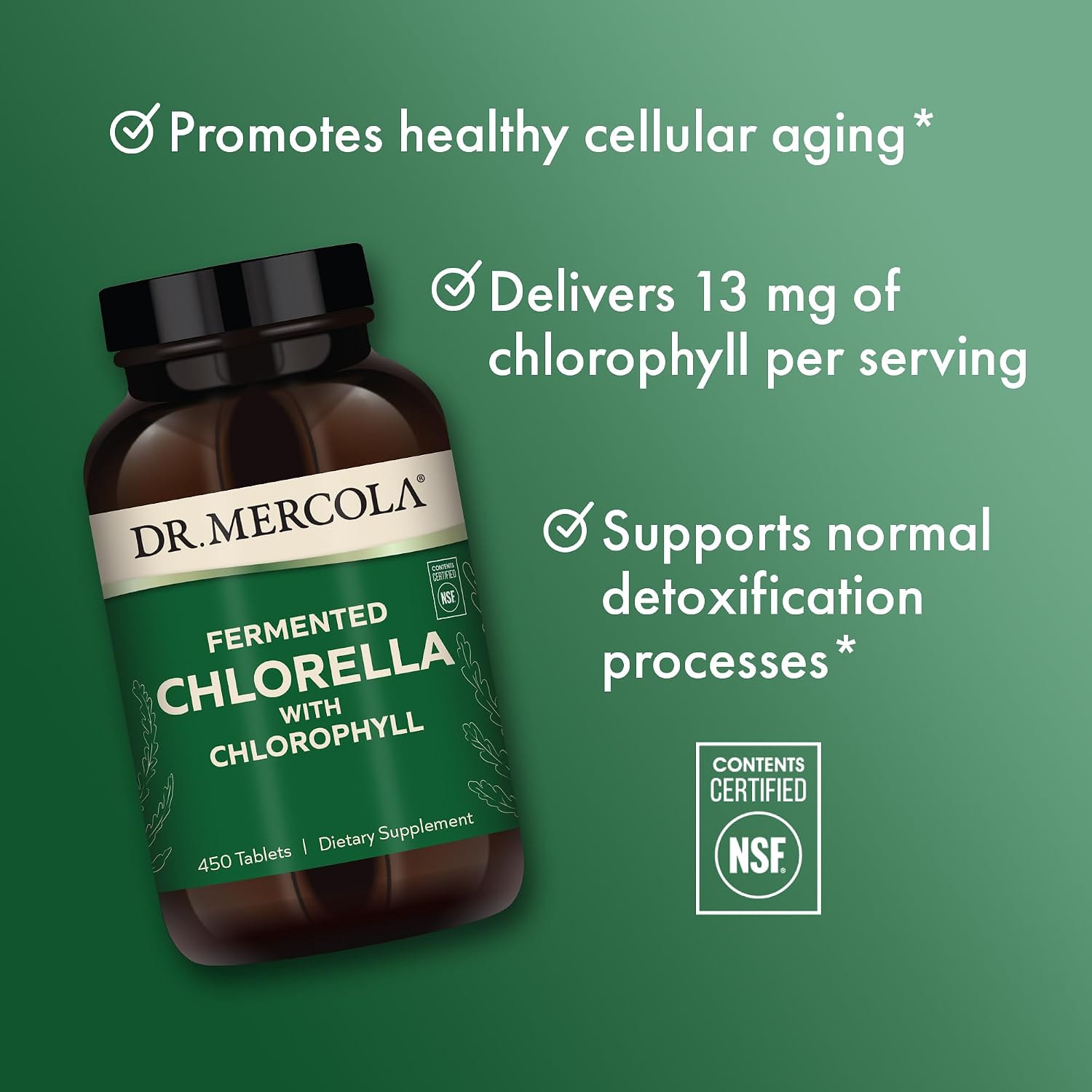 Dr. Mercola Fermented Chlorella - Supports Normal Detox & Cellular Energy - with Chlorophyll & Trace Minerals - Vegan - Non-GMO - 1 g - 450 Tablets