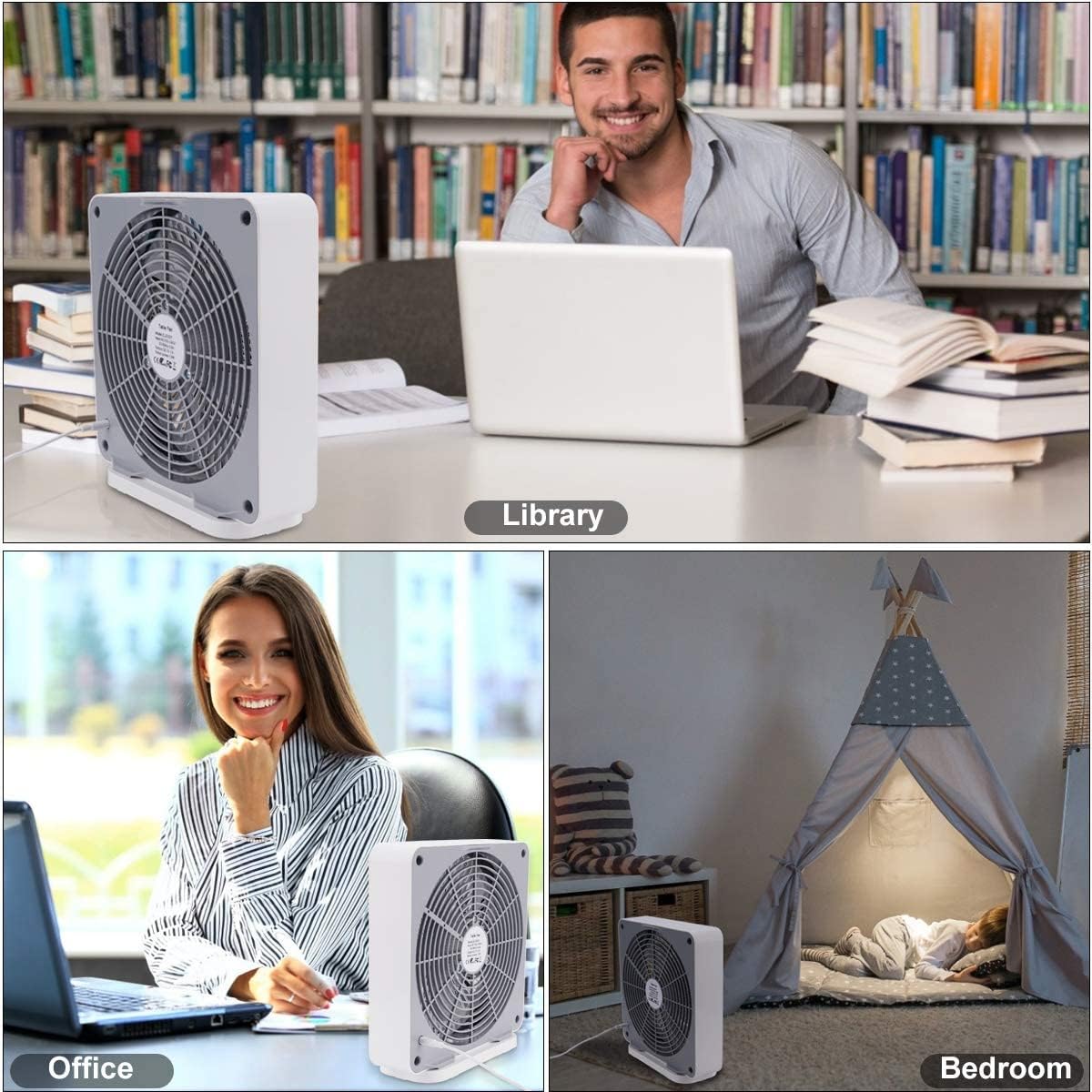 Small Box Fan, 10 inch Window Fan with 3 Speeds Strong Airflow, DC Adapter Square Table Fan for Office Bedroom Living Room Apartment