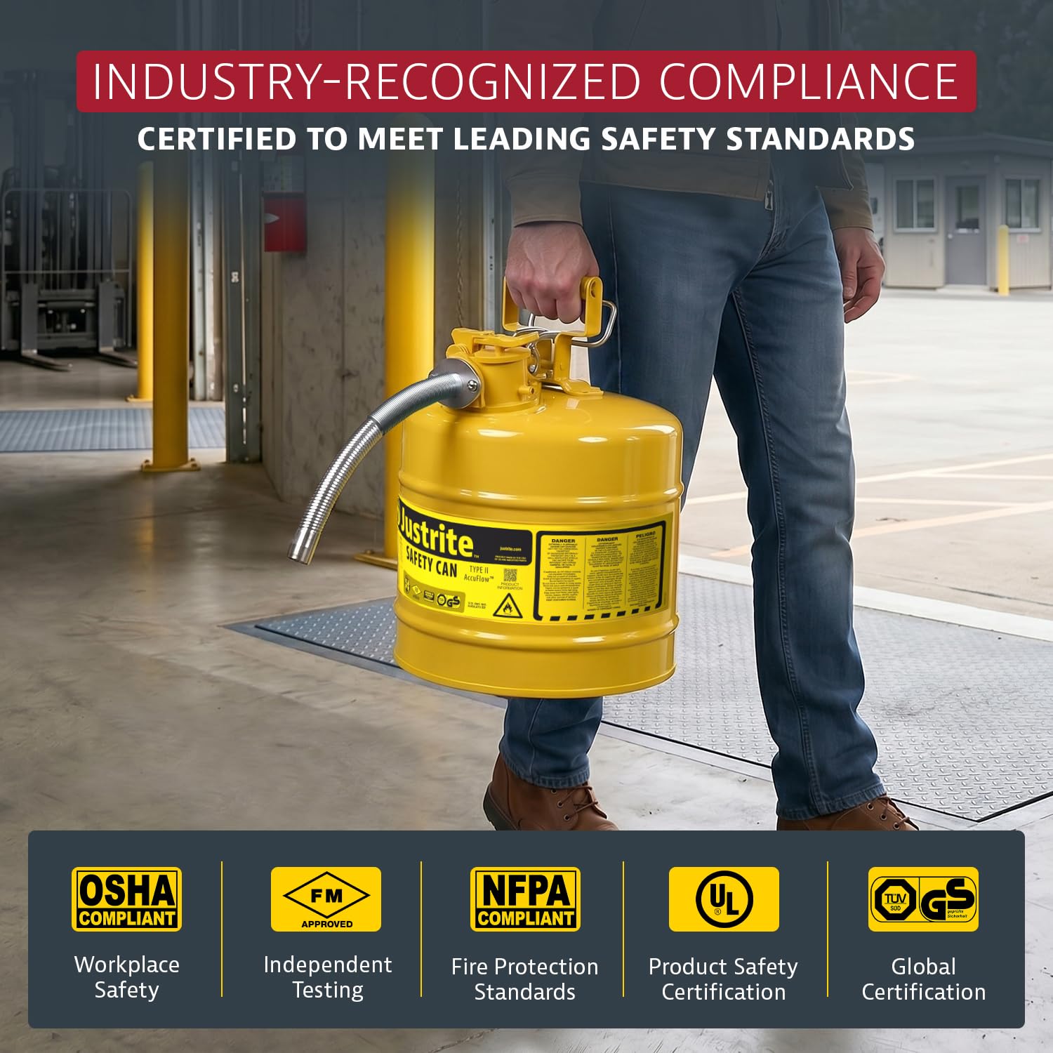 Justrite Type II Diesel Fuel Can, Yellow Galvanized Steel, FM Approved | Flammable Liquid Storage Can with Controlled Pouring, 5 Gallon Capacity