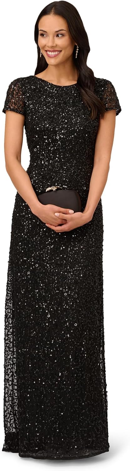 Adrianna Papell Womens Short-Sleeve All Over Sequin Gown