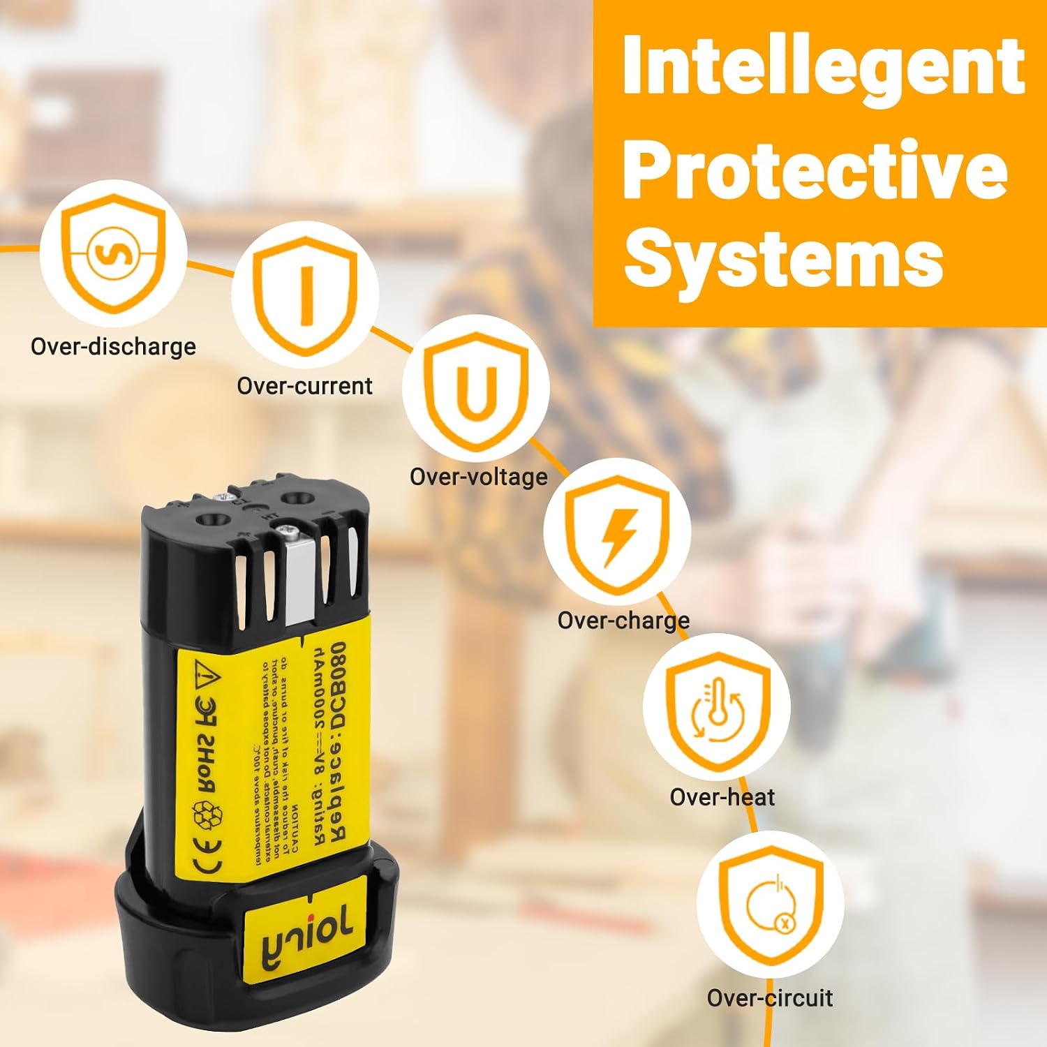 Joiry 8V 2000mAh Li-ion Replacement Battery with Higher Safety & Longer Runtime - Compatible with Dewalt DCB080, DW4390, DCF680N1, DCF680N2 DCF680G2 Cordless Power Tools (1-Pack)