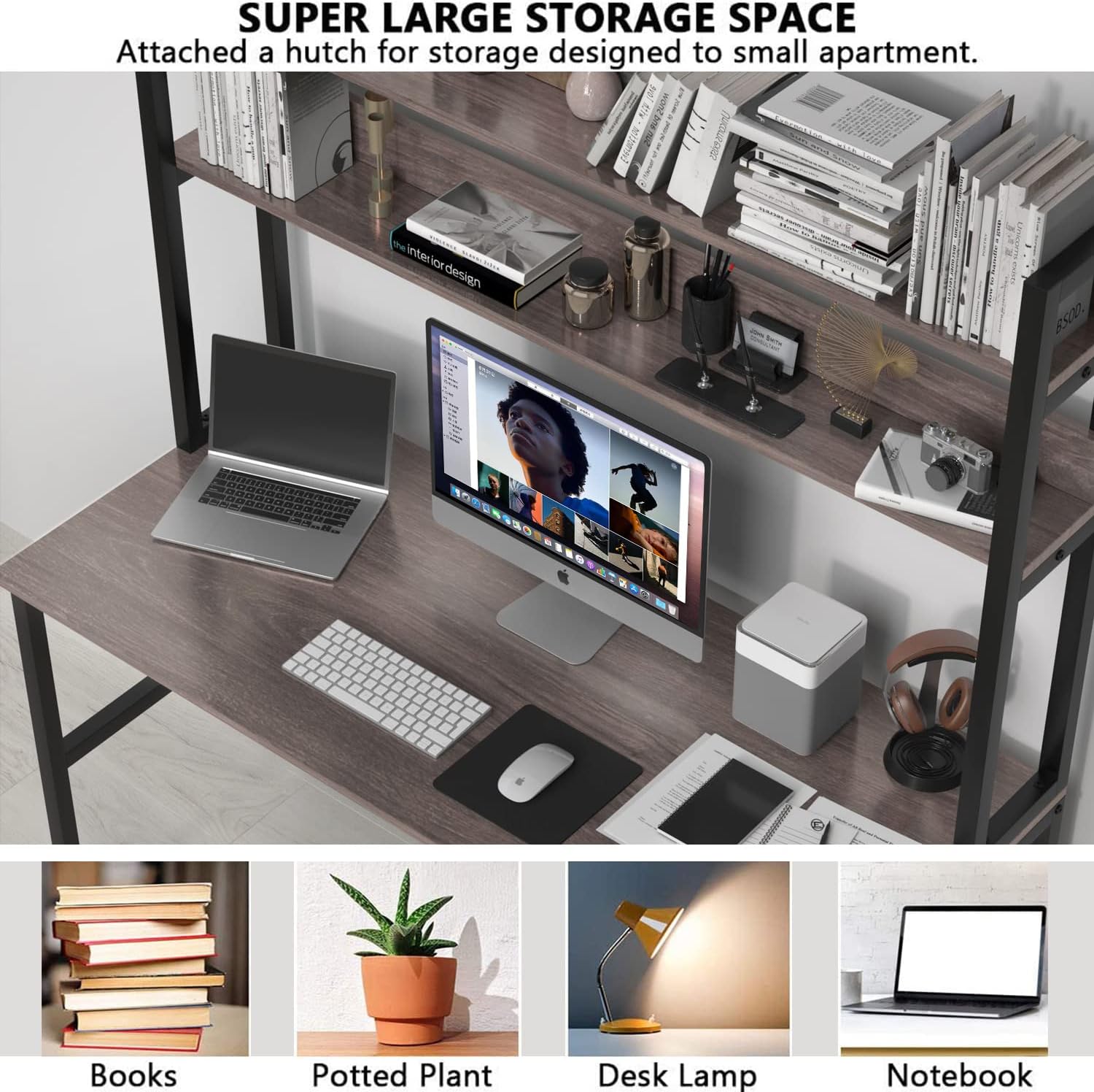 Aquzee Computer Desk with Shelves, 47" W x 23.6" D Gaming Desk with Hutch and Bookshelf