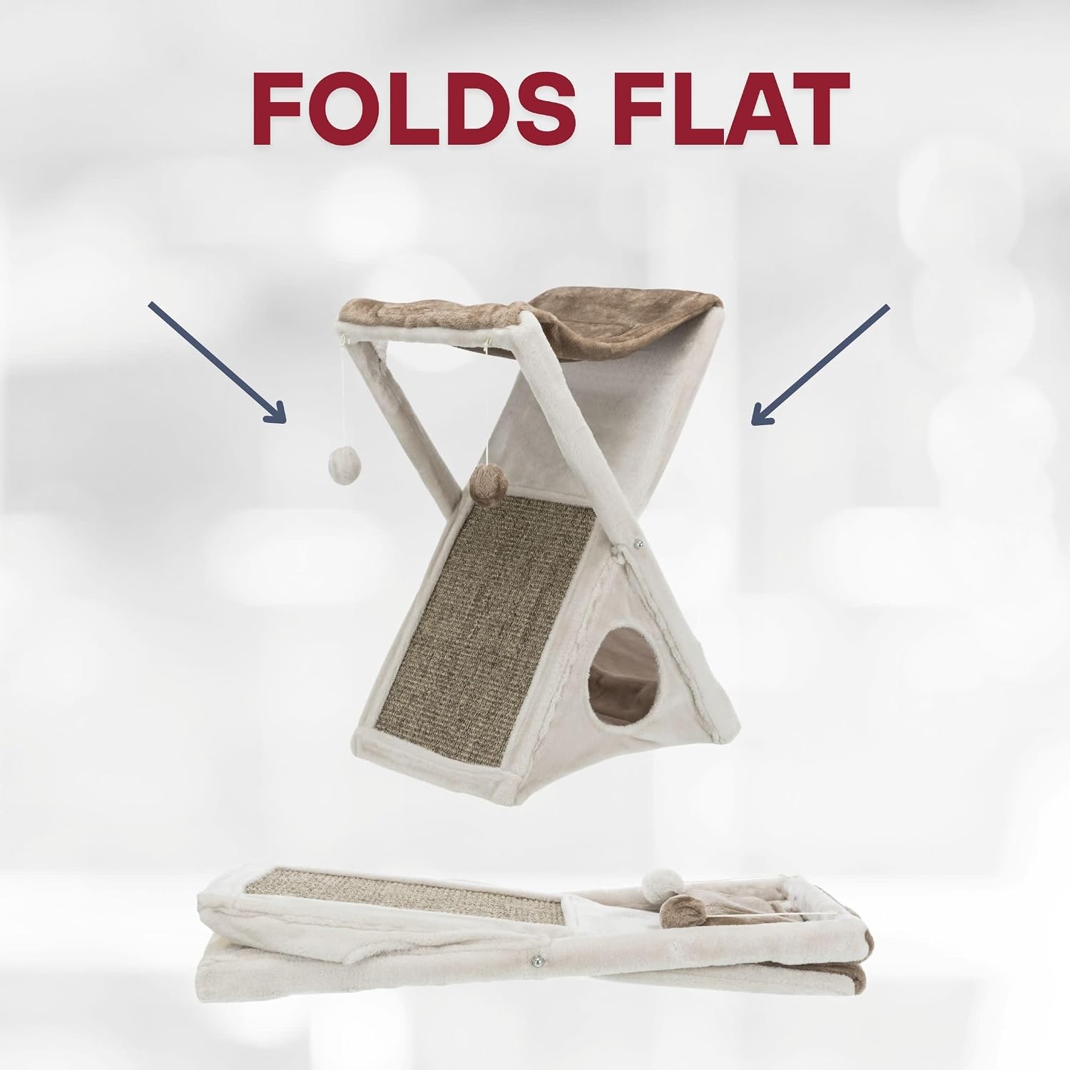 TRIXIE Miguel Fold and Store Cat Hammock, Indoor Cat Furniture with Dangling Toys, Scratching Pad, and Cave, Taupe/Light Gray