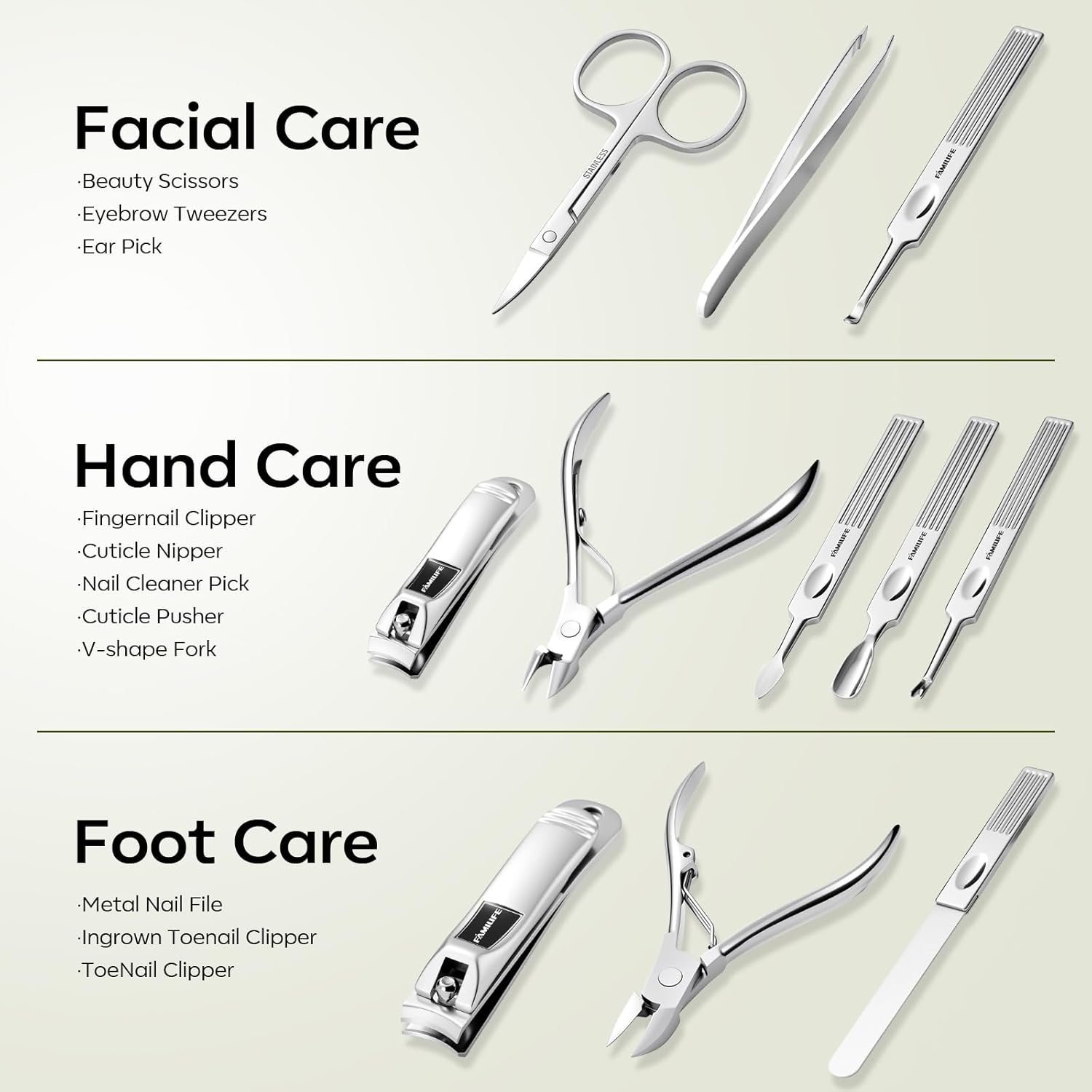 FAMILIFE Stainless Steel Manicure Set 11-in-1 Professional Nail Clipper Kit