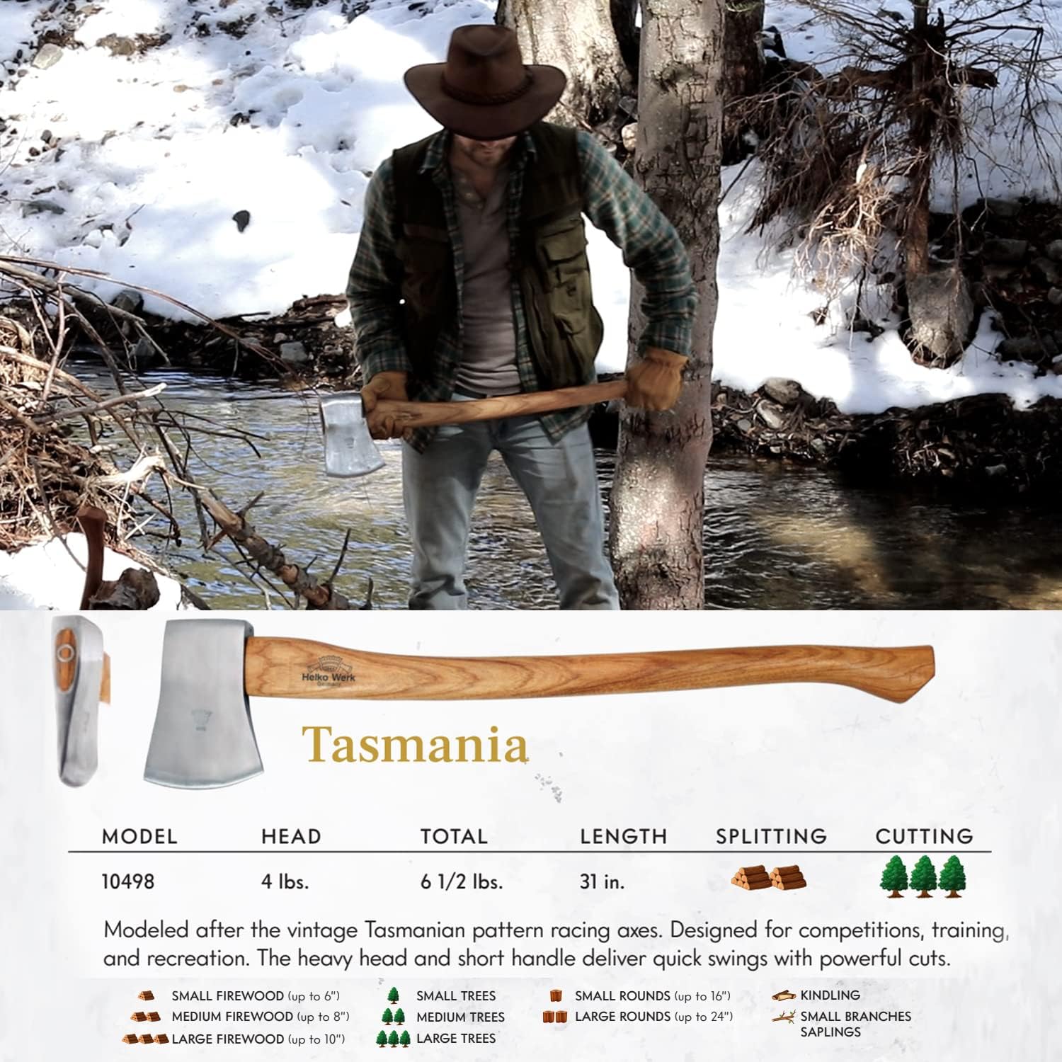 1844 Helko Werk Germany Classic Expedition Felling Axe (10497) | Made in Germany Large Felling Axe for Heavy Duty Felling Trees Cutting Wood and Timber Head 4.5lb, Handle 35 inches