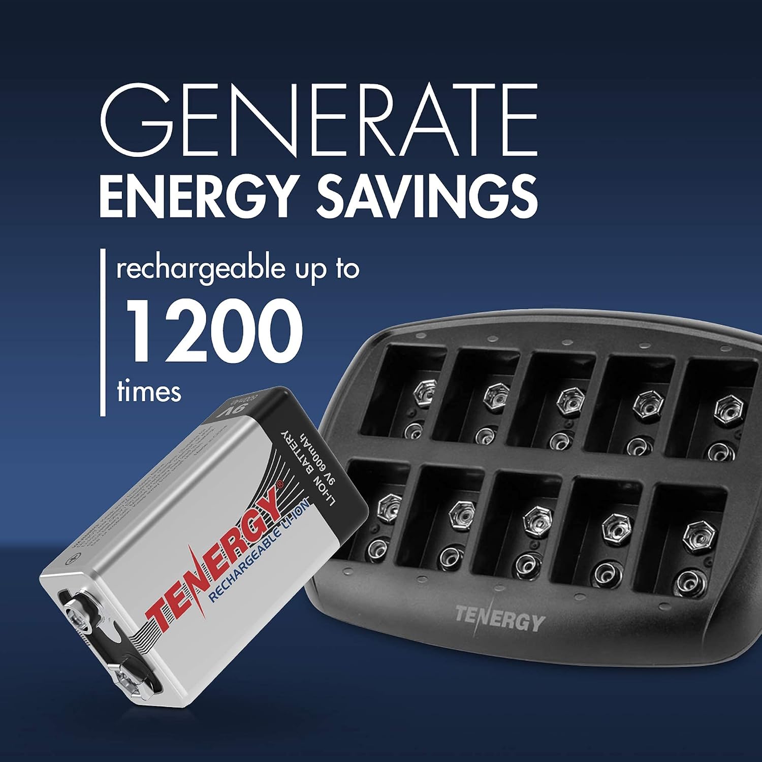 Tenergy 9V Batteries 600mAh 10PCS Li-ion 9 Volt Rechargeable Batteries with 10-Slot Li-ion 9V Battery Charger for Smoke Alarm/Detector