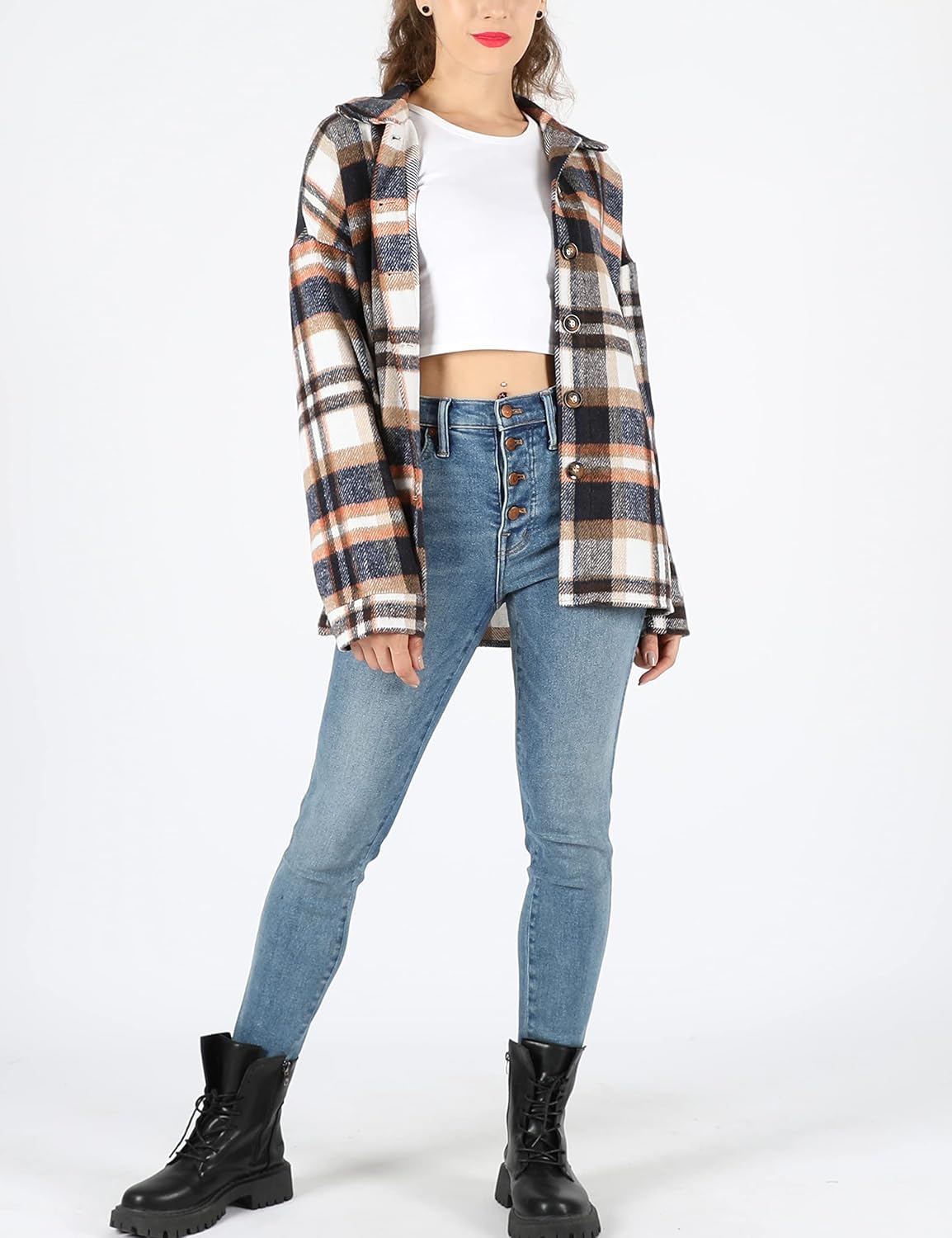 Yeokou Women's Plaid Flannel Shacket Oversized Button Down Long Sleeve Shirt Jacket Casual Spring Fall Outfits