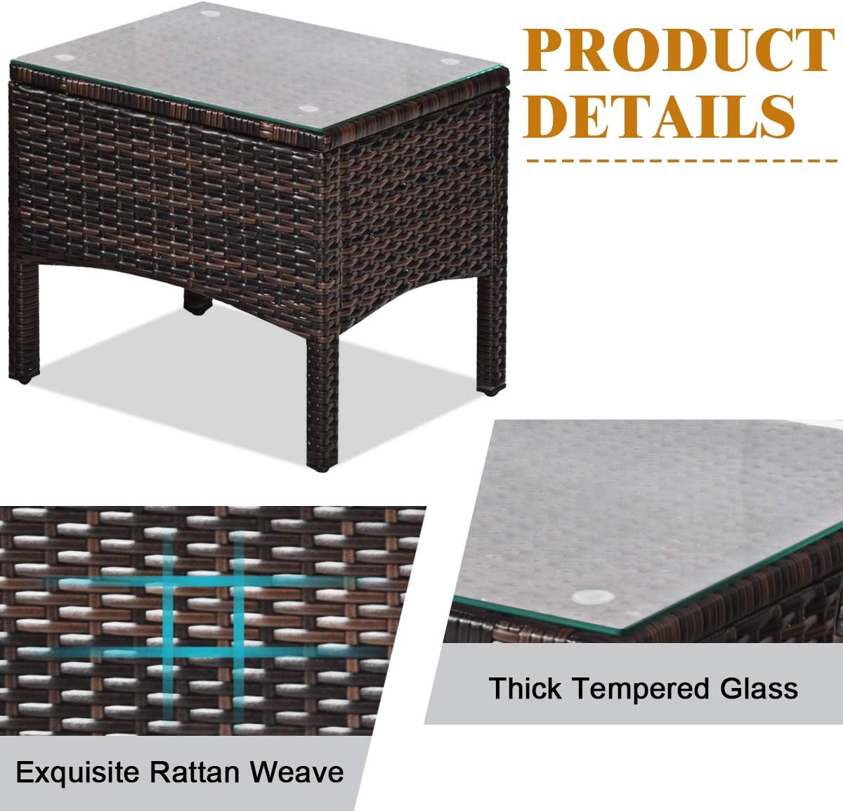 Tangkula 3 Piece Outdoor Patio Furniture Set, Wicker Chairs Set with Glass Top Coffee Table, Thick Cushions