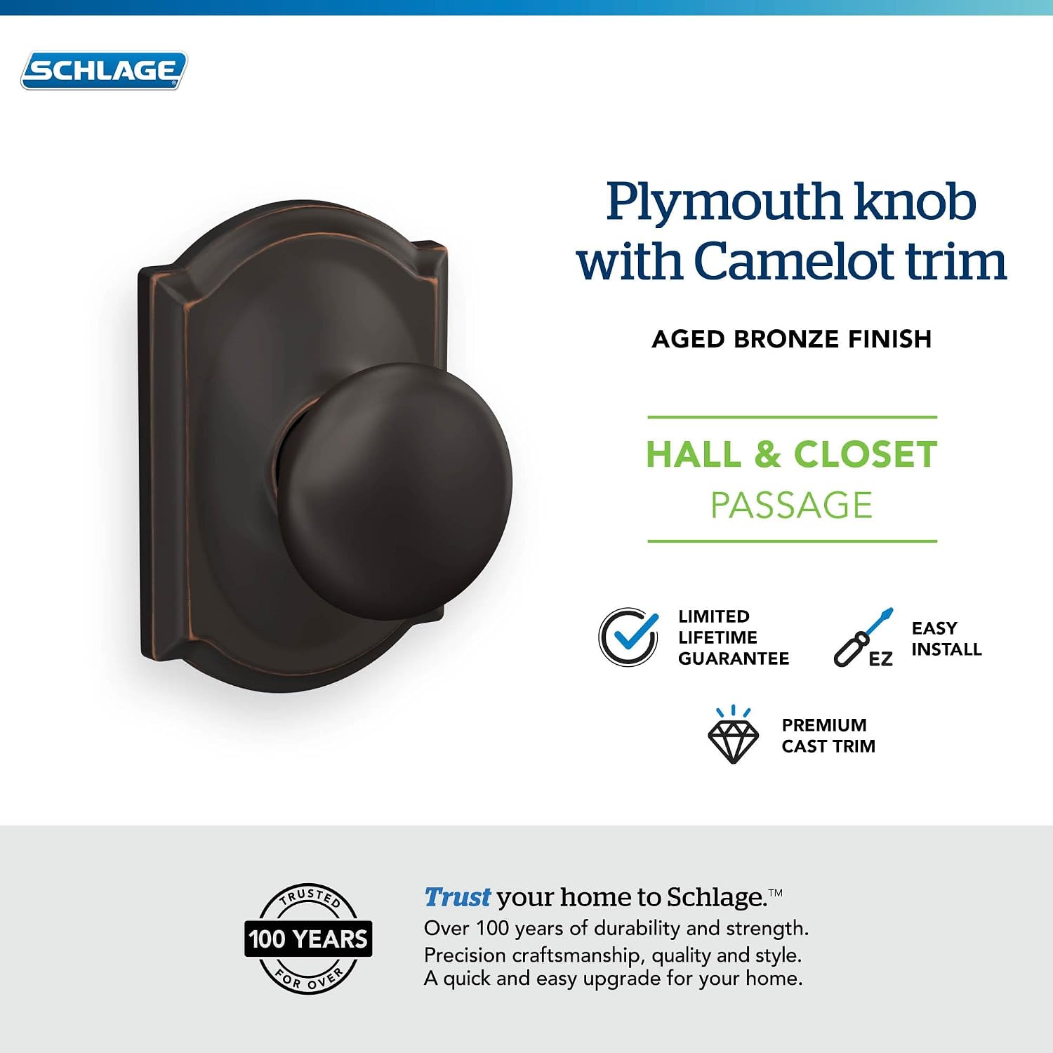 Schlage Plymouth Bed/Bath Privacy Door Knob with Lock, Satin Nickel | Interior bedroom or bathroom door knob with push button lock, Easy to install, Certified durability, Universal fit