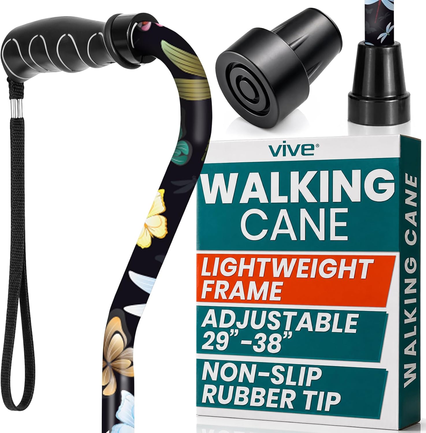 Vive Walking Cane for Women, Men, Elderly - Patented Offset Grip - Lightweight Adjustable Walking Aid with a Non-Slip Tip - Sturdy Balancing Mobility Aid for Seniors