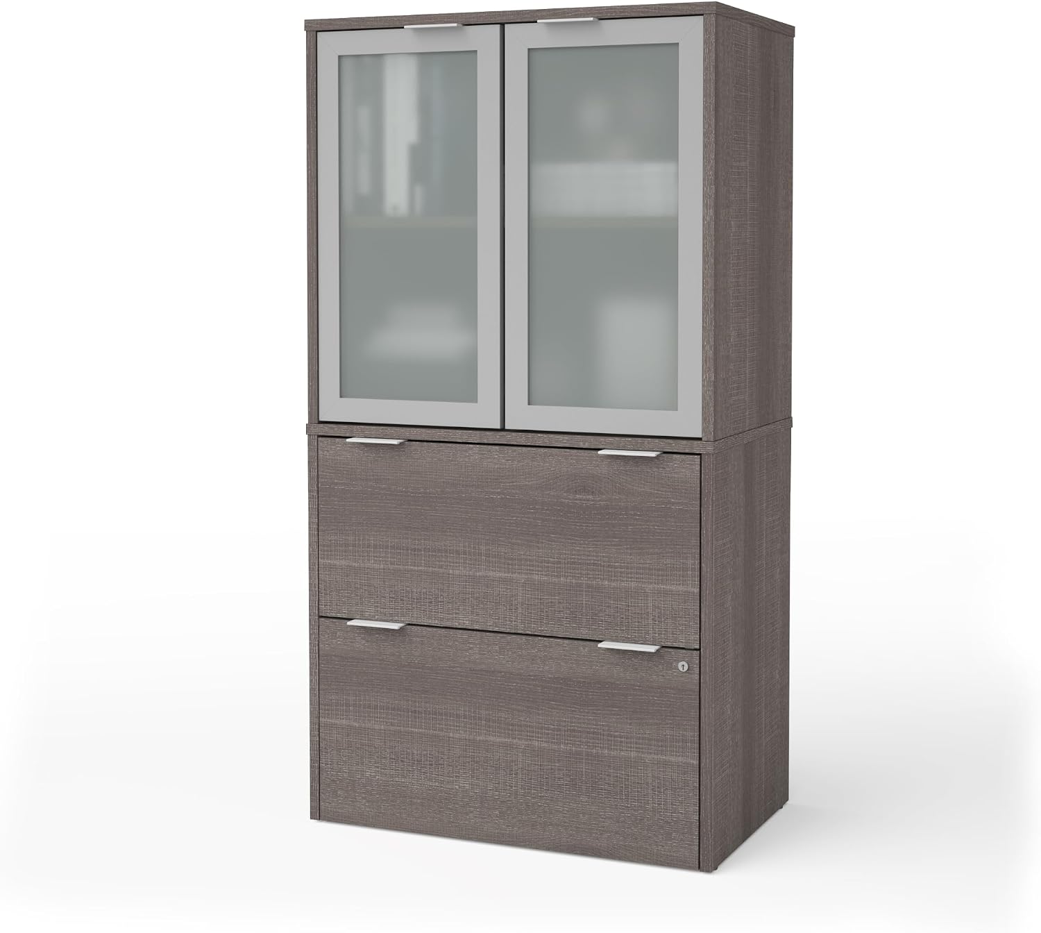 Bestar i3 Plus 31W Lateral File Cabinet with Frosted Glass Doors Hutch in bark Grey | With Frosted Glass Doors Hutch, ball-bearing drawer slides