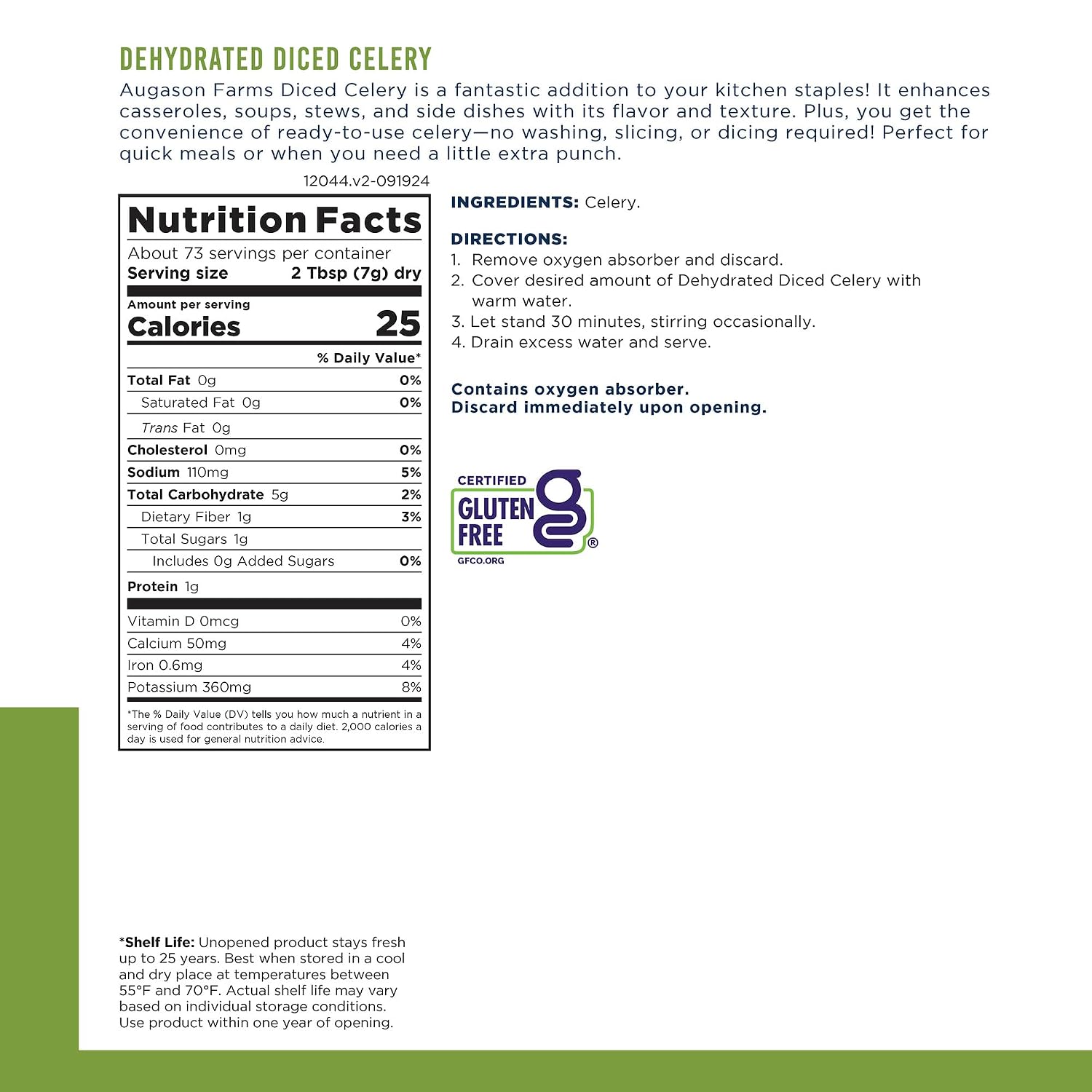 Augason Farms Dehydrated Diced Celery Can | Emergency Food Supply, 73 Servings, 25 Year Shelf Life, Great for Cooking and Snacks, Dehydrated Meals