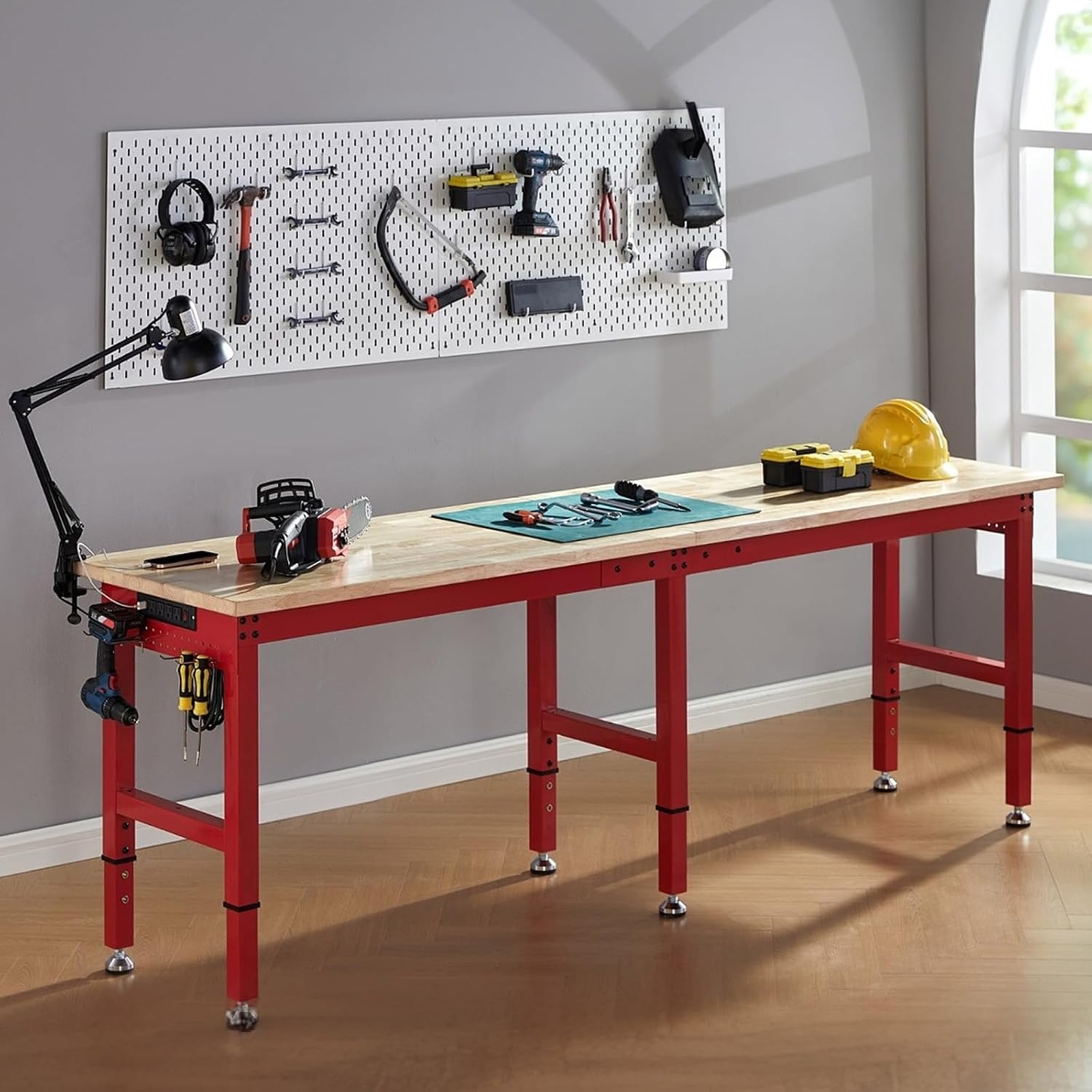 Albott 44 x 20-Inch Adjustable Workbench | 2000 Lbs Capacity, Solid Rubber Wood Top, Power Outlets and Hooks, for Garage, Workshop and Home Office, Black