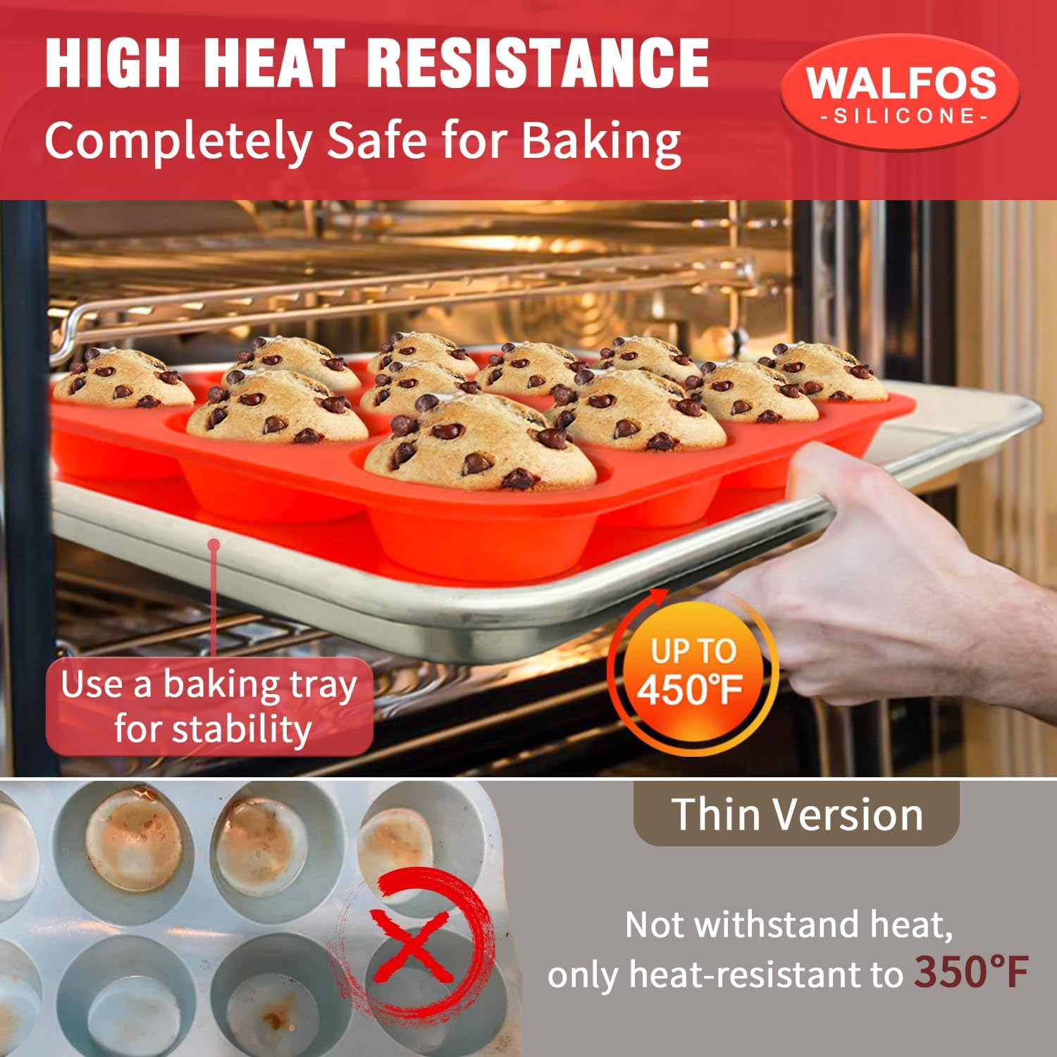 Walfos Silicone Texas Muffin Pan - 6 Cup Jumbo Silicone Cupcake Pan, Non-Stick, Just Release! Perfect for Egg Muffin