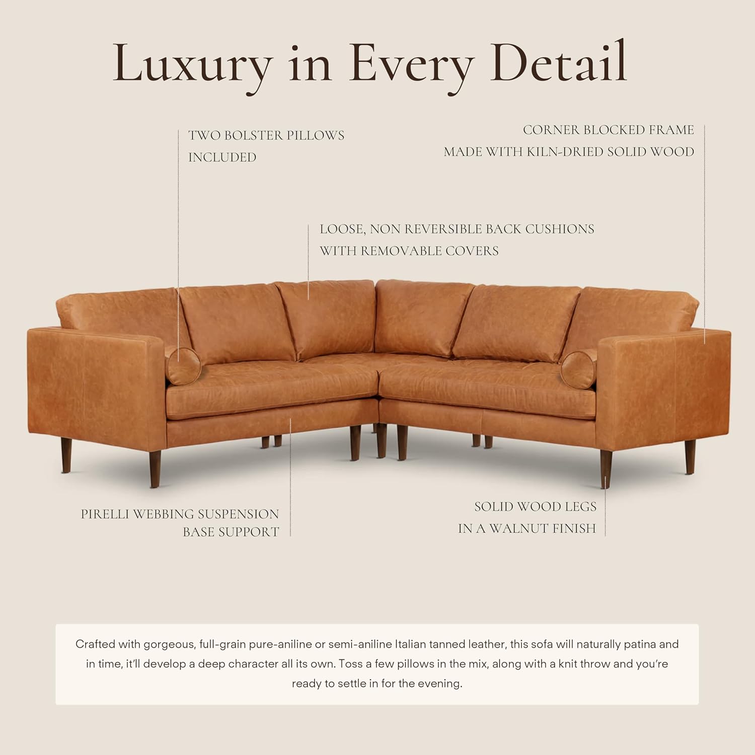 Poly & BARK 55" Tufted Leather Bed Bench for Bedroom End of Bed - Living Room Entry Way Bench - Pure Italian Leather Upholstery with a Solid Wood Frame - Ottoman Bench with Wooden Legs - Cognac Tan