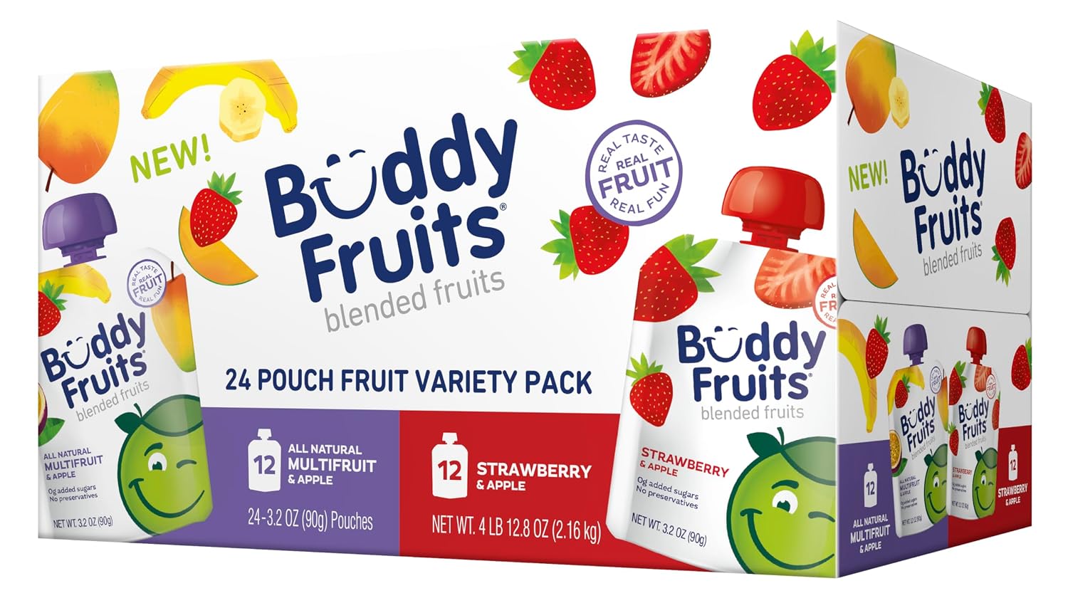 Buddy Fruits Snacks To Go Multifruit Unsweetened Applesauce 3.2oz Pouch (18pk) Gluten-Nut-Dairy-Preservatives-BPA Free, Non GMO, Kosher