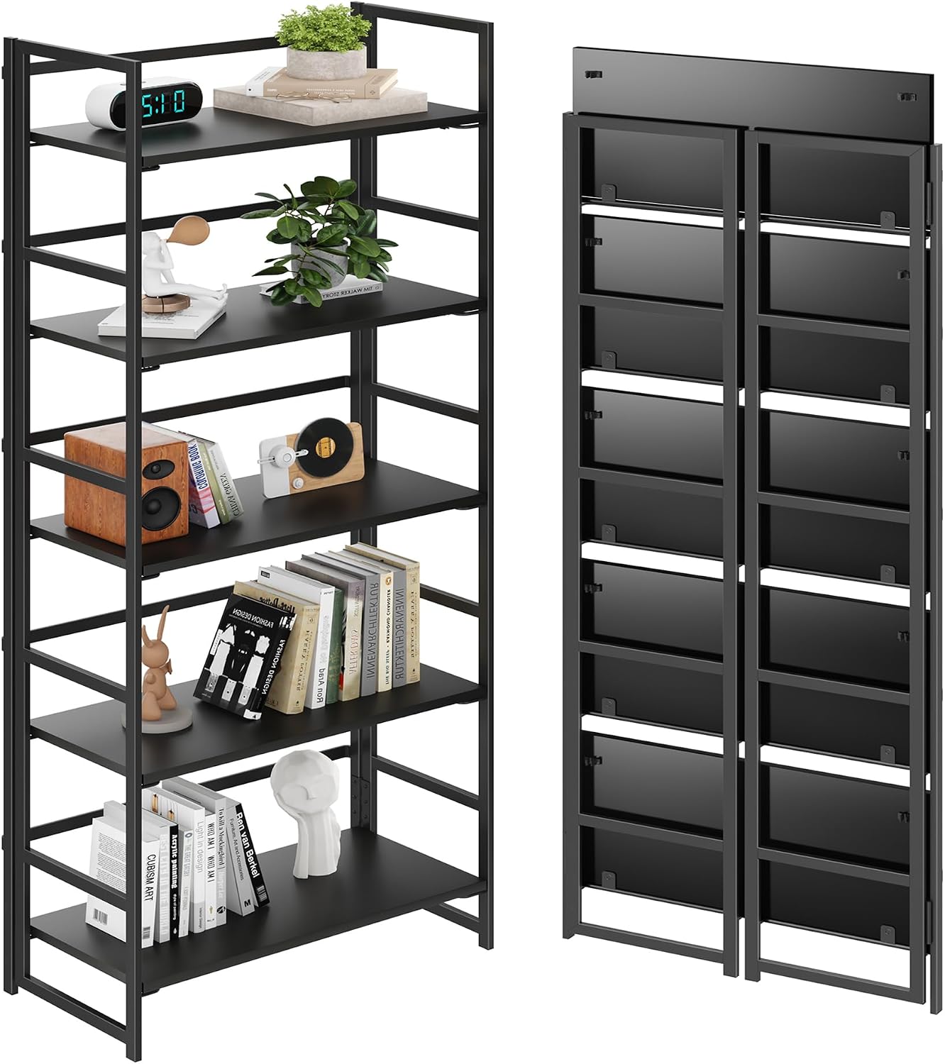 Vintage Multifunctional Folding Bookshelf, No-Assembly Plant Stand Storage Rack Shelves for Home Office (Fire, 5-Tier)