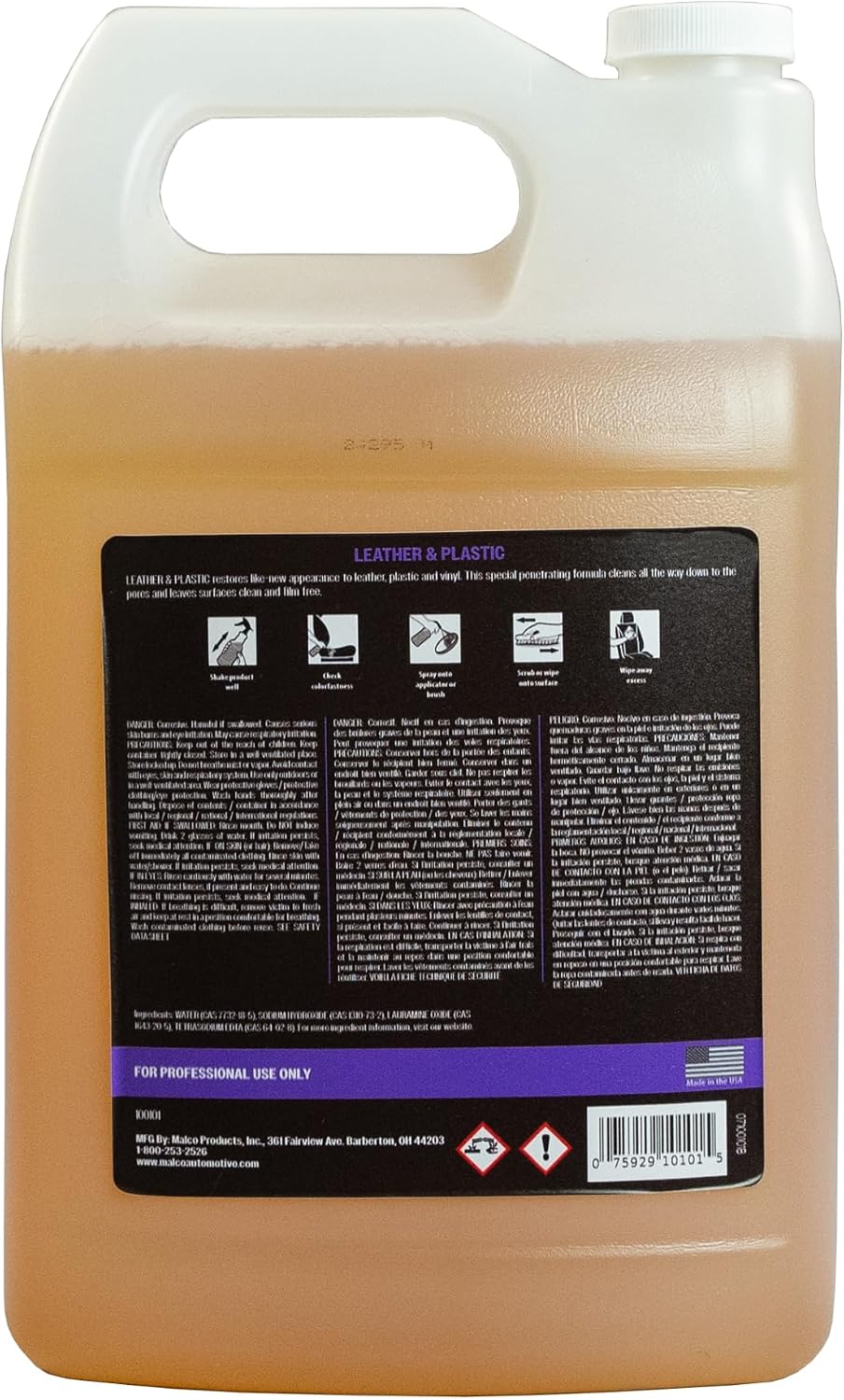 Malco Leather & Plastic Cleaner – Penetrates Deep to Remove Dirt, Grime and Oily Soils/Restores Leather, Plastic and Vinyl/Leaves Surfaces Clean, Shiny and Film-Free / 1 Gallon (100101)