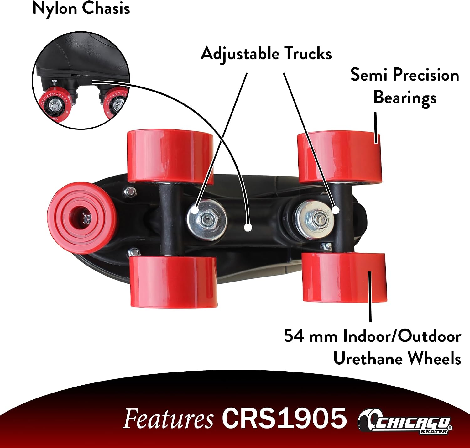 Chicago Rink Roller Skates for Girls & Boys – Durable Top Performance Indoor/Outdoor Use Skate Shoes with Padded Ankle Collar, Lace-Up & Velcro Strap – 54mm Urethane Wheels, Semi-Precision Bearings