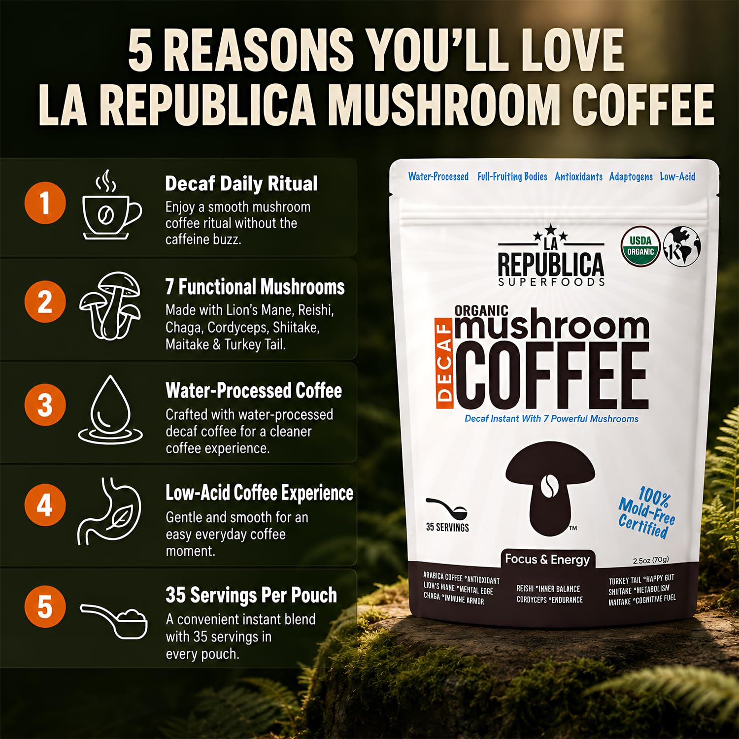La Republica DECAF Organic Mushroom Coffee (35 Servings) with 7 Superfood Shrooms, Great Tasting Instant Mix Includes Lion's Mane, Reishi, Chaga, Cordyceps, Shiitake, Maitake, and Turkey Tail (Decaffeinated)