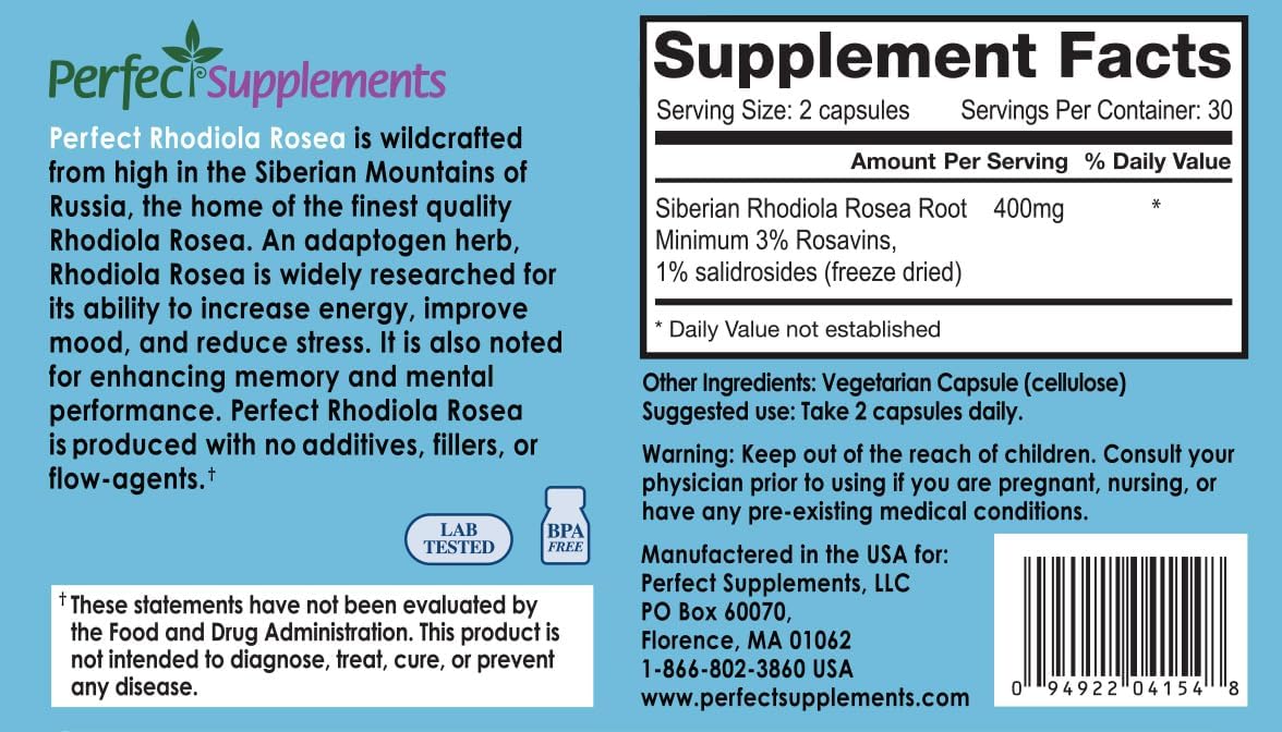 Perfect Supplements Rhodiola Rosea, for Better Focus, Energy, and Stress Relief, Optimal 3% Rosavins to 1% Salidroside Ratio, a Natural Adaptogen ~60 Vegetable Capsules