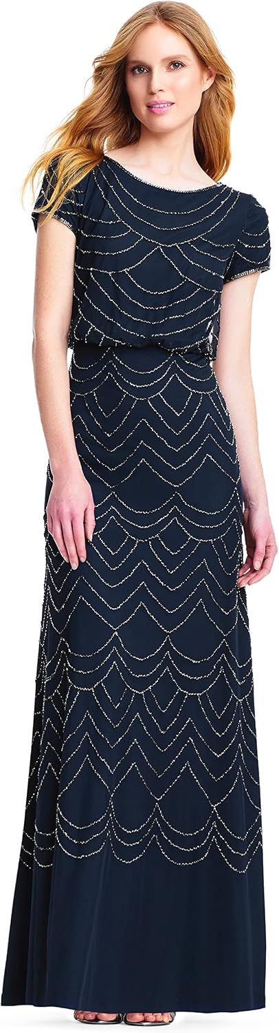 Adrianna Papell Womens Short Sleeve Blouson Beaded Gown