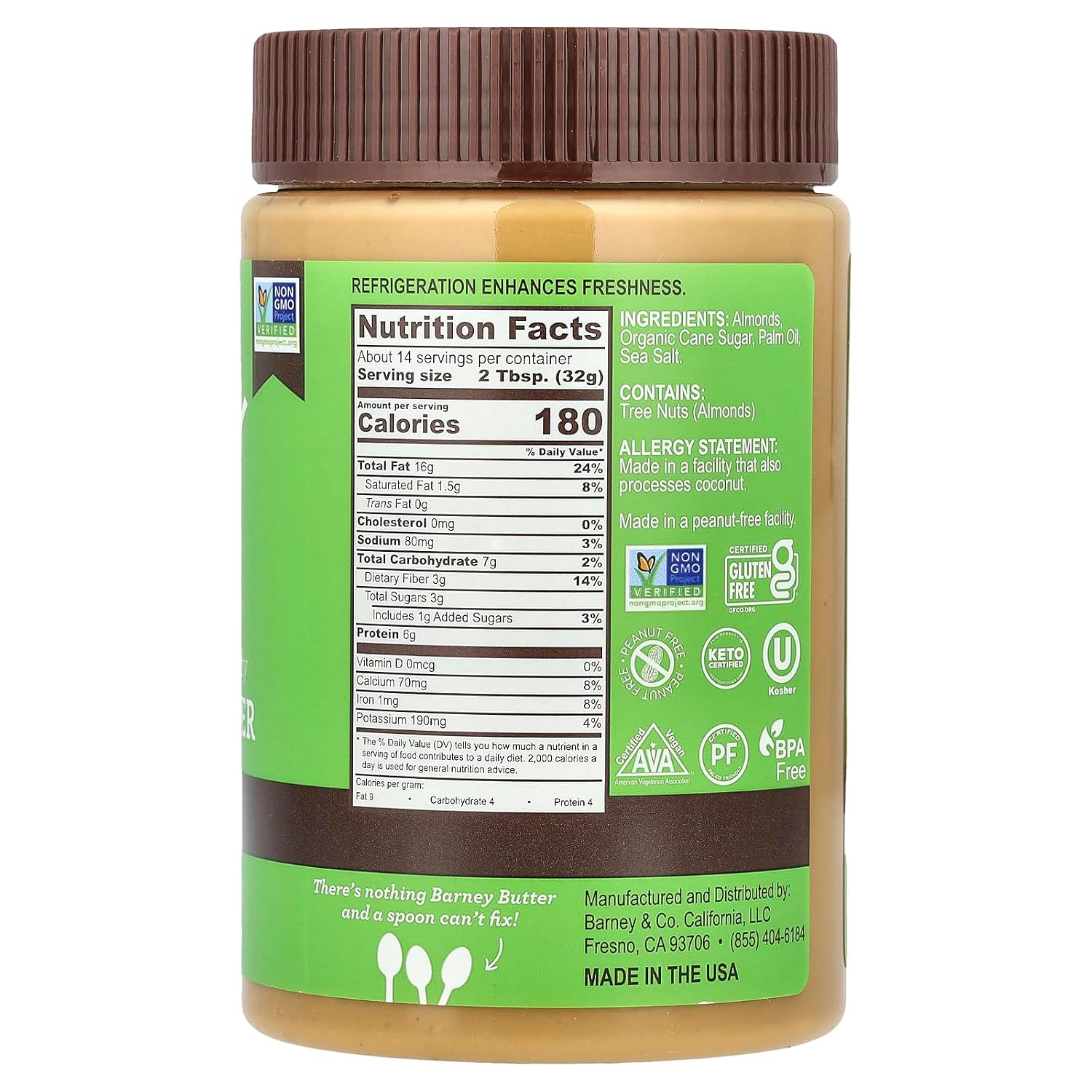 Barney Butter Almond Butter, Bare Smooth, 16 Ounce Jar, No Added Sugar or Salt, Skin-Free Almonds, No Stir, Non-GMO, Gluten Free, Keto, Paleo, Vegan
