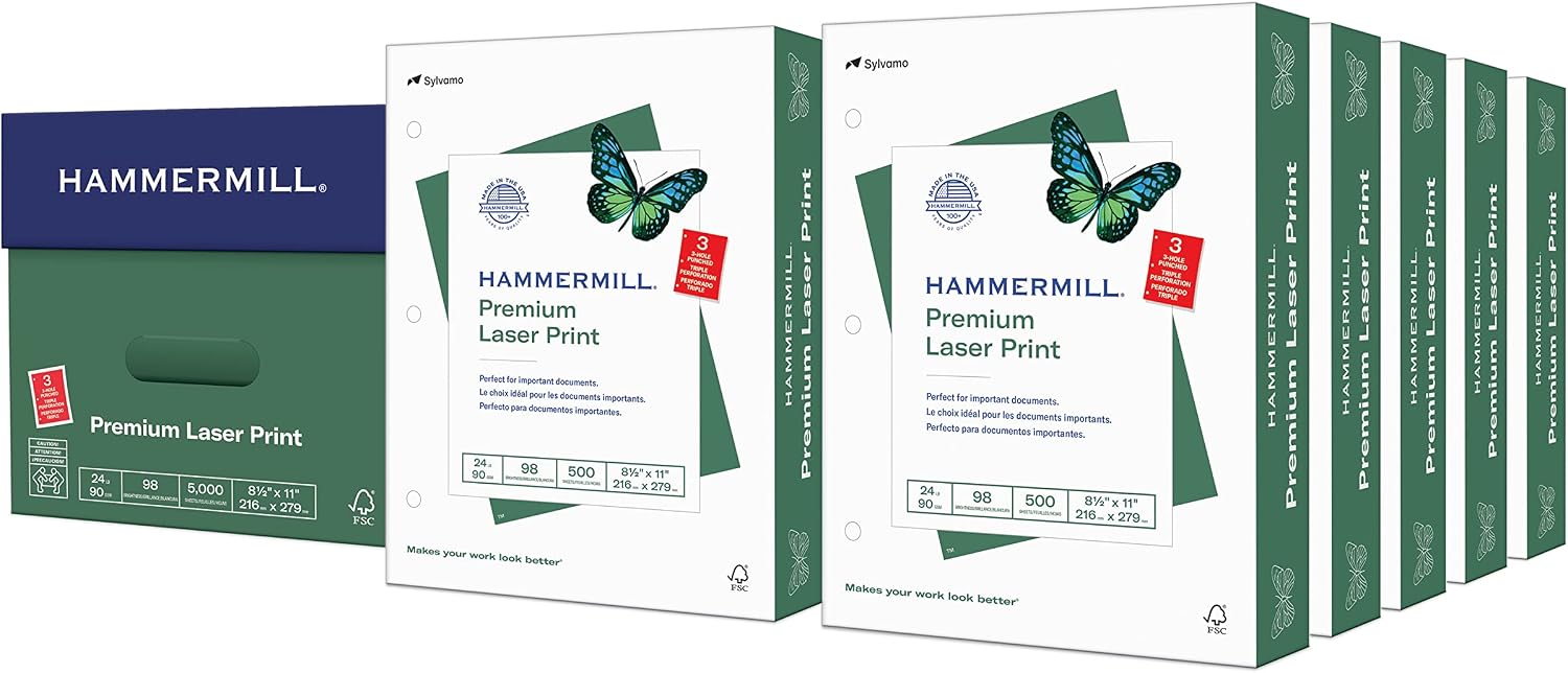 Hammermill Printer Paper, Premium Laser Print 24 lb, 8.5 x 11-5 Ream (2,500 Sheets) - 98 Bright, Made in the USA, 104640C