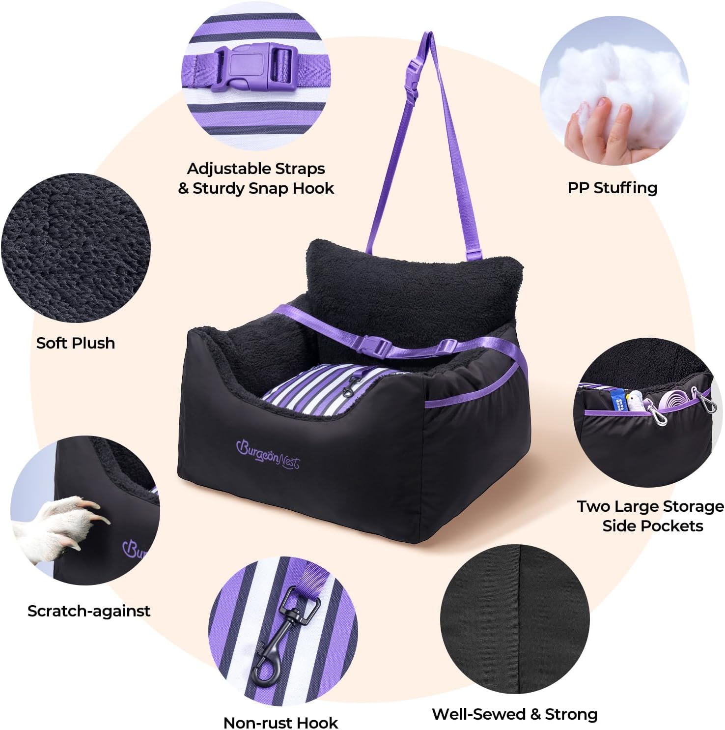 BurgeonNest Dog Car Seat for Small Dogs & Cats Under 25 lbs,Black