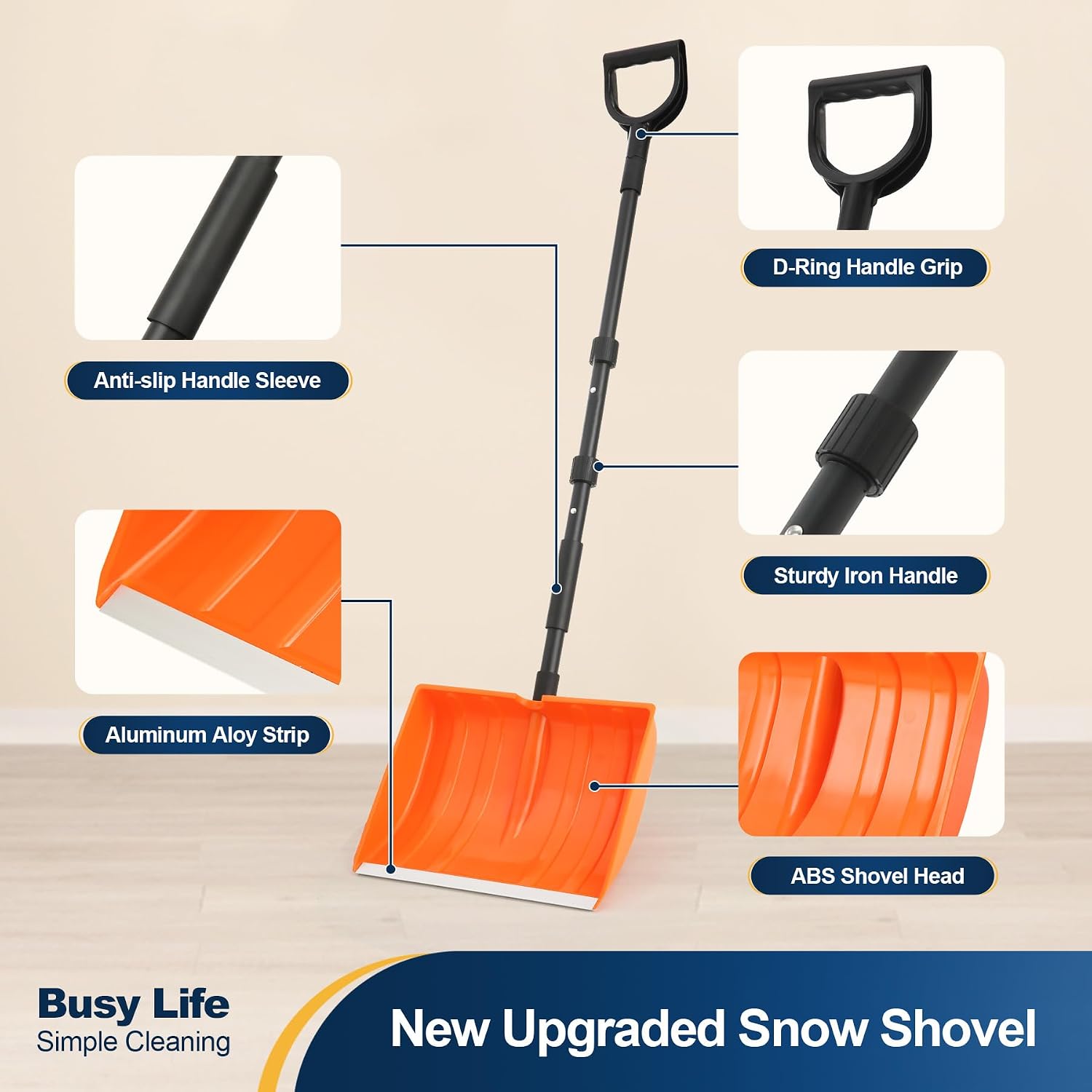 Yocada Snow Shovel 55" Long for Home Garage Driveway Snow Removal | D-Grip Handle Aluminum Strip Large Capacity Orange Shovel for Garden Car Camping