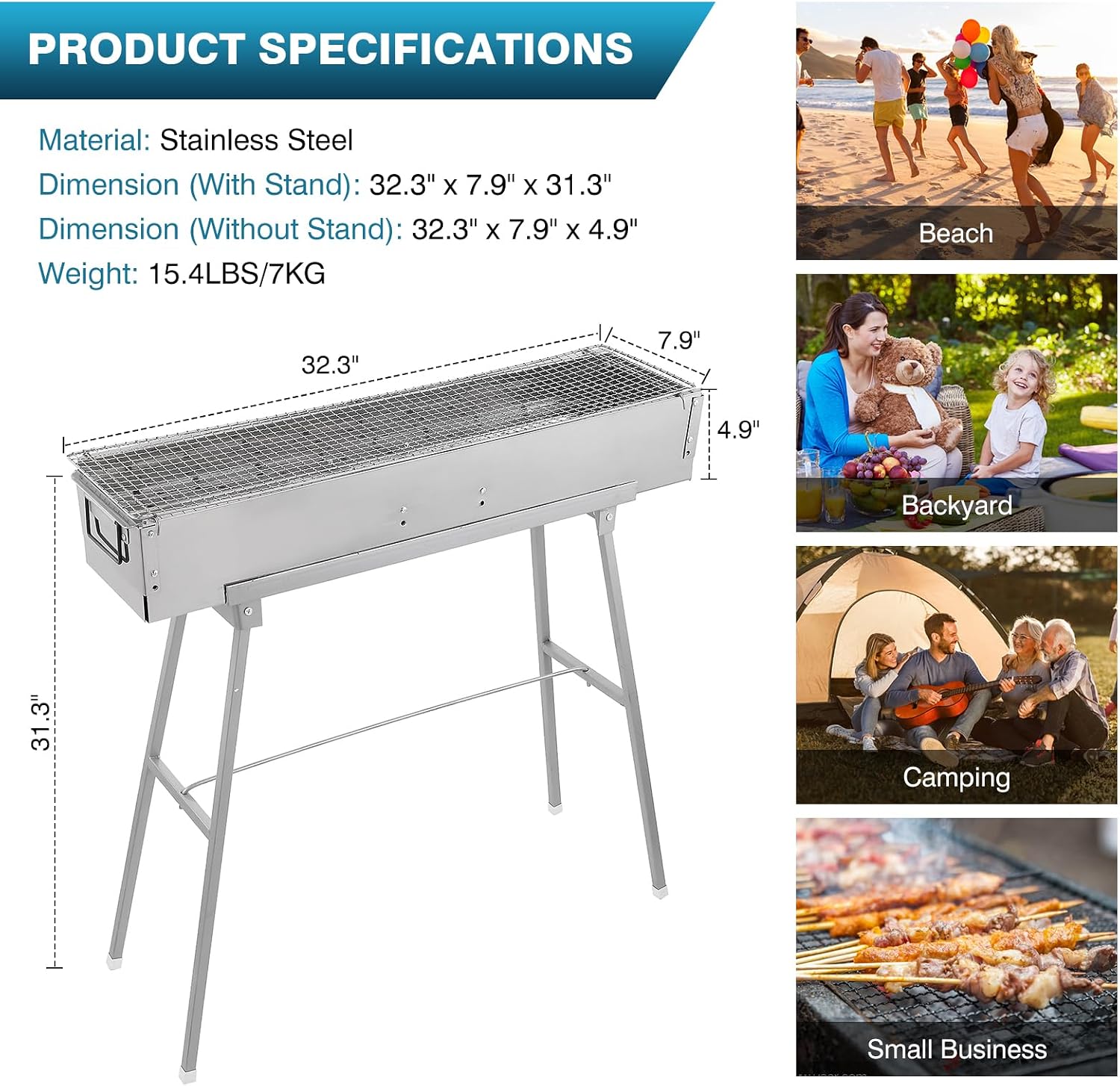 IRONWALLS Portable Charcoal Grills Outdoor with Stand 32"(L) x8"(W) x32"(H) | Stainless Steel Foldable Barbecue Grill Stand Charcoal