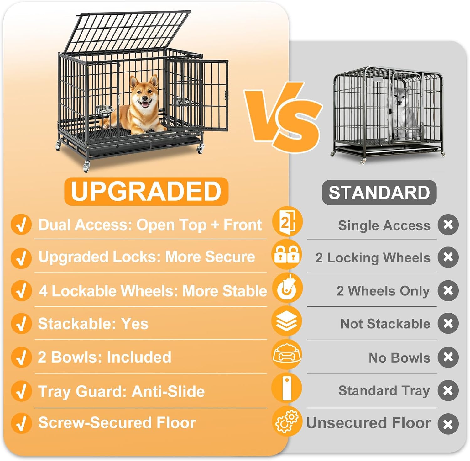 Homey Pet Three Tiers 43 inch Heavy Duty Dog Crate with Wheels, Dual Doors | Stackable Indestructible Steel Dog Cage Kennel Indoor with Divider, Trays, Bowls, Escape Proof Locks for Breeders and More
