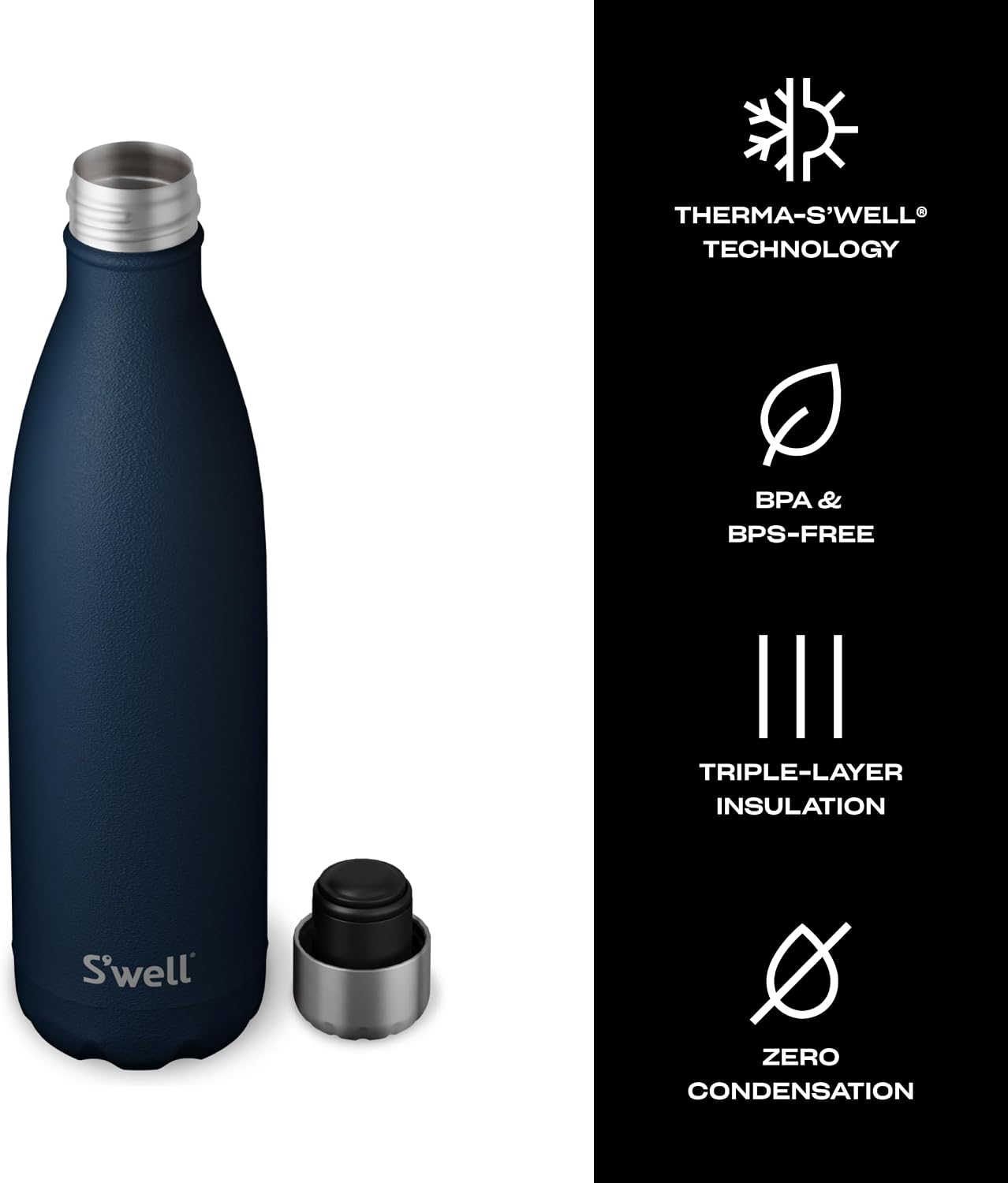 S'well Stainless Steel Water Bottle, 17oz, Blue Suede, Triple-Layered Vacuum Insulated Containers Keeps Drinks Cold for 36 Hours and Hot for 18, BPA Free, Perfect for On the Go