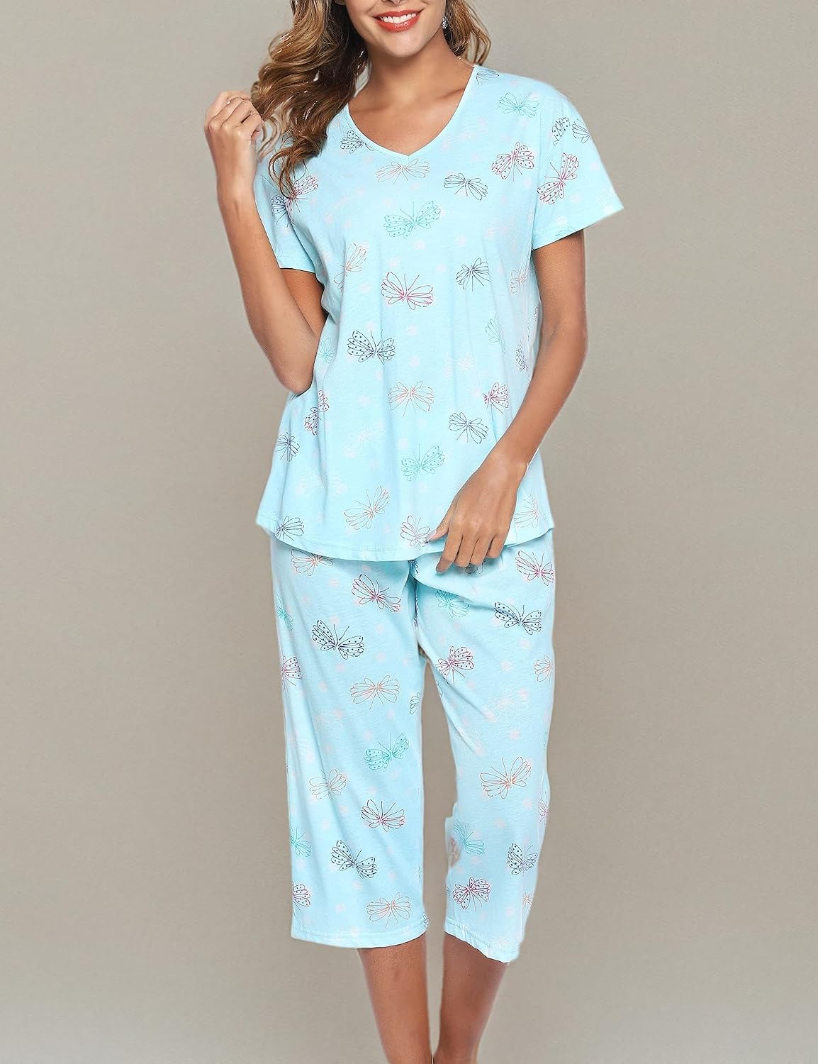 ENJOYNIGHT Womens Pajama Set Cotton Short Sleeve Top With Capri Pants Pj