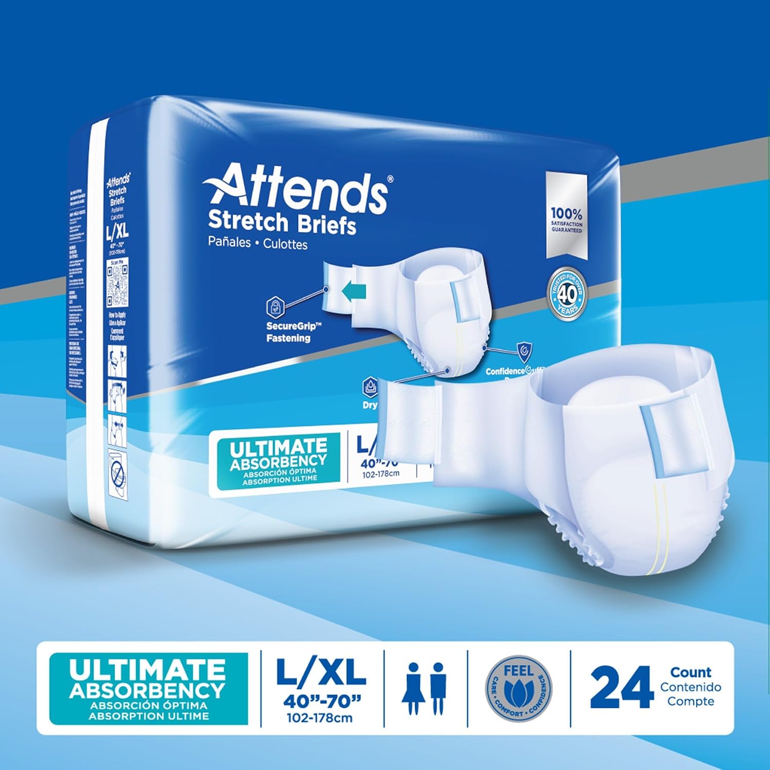 Attends Stretch Adult Incontinence Disposable Briefs, Large/X-Large, 40"-70" Waist with SecureGrip Tab Closure, Ultimate Absorbency with Dry-Lock Containment Core and Breathable Side Panels, 96ct Case