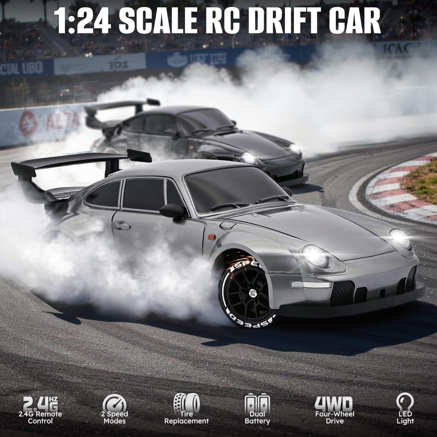 RC Drift Car,1:24 Scale Remote Control Car, 2.4GHz 20KM/H 4WD High Speed RC Cars for Kids with LED Light, Two Batteries,Drifting Tires,Racing Vehicle Toy for Adults Boys Girls Gray